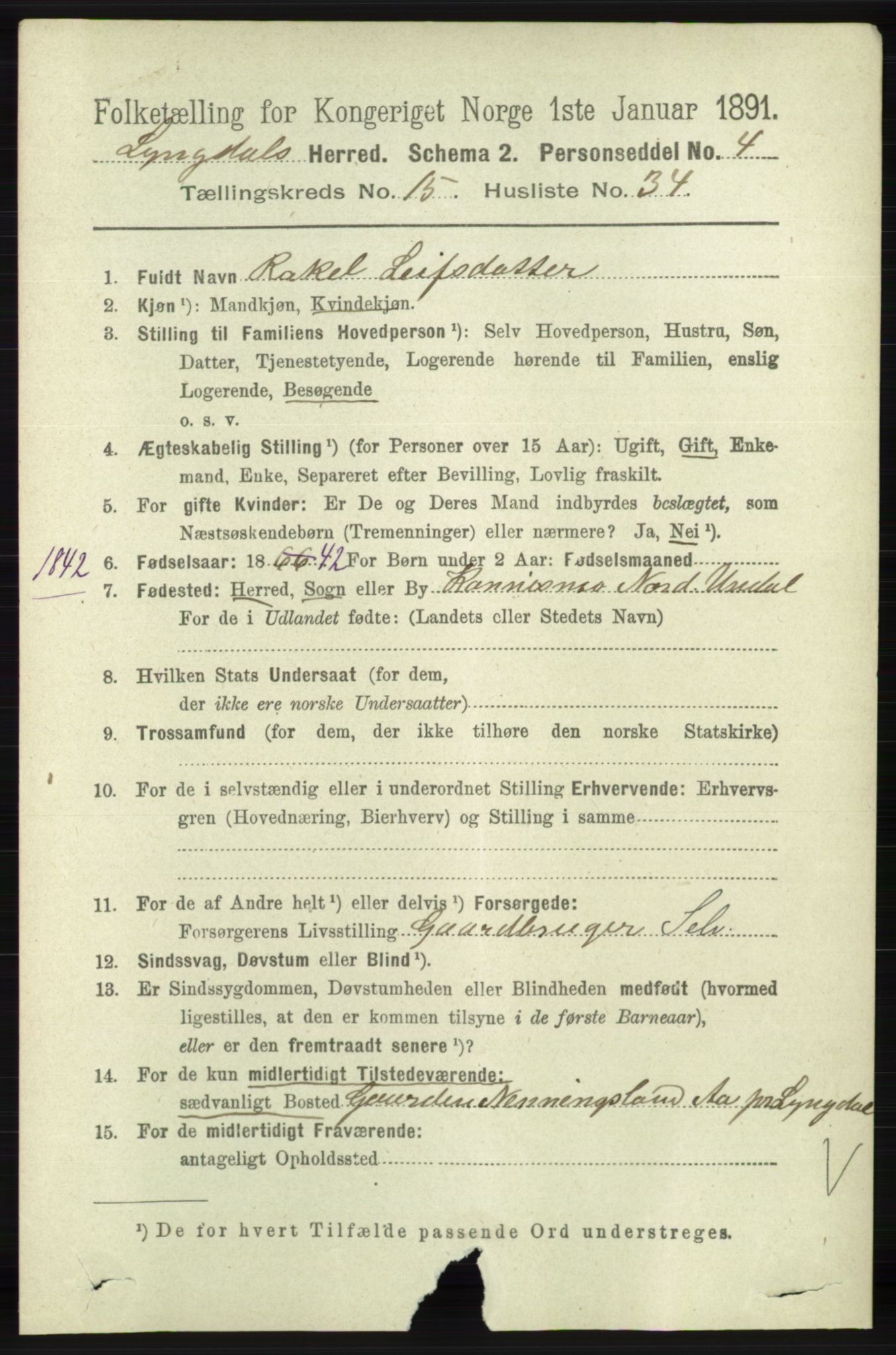 RA, Folketelling 1891 for 1032 Lyngdal herred, 1891, s. 6208