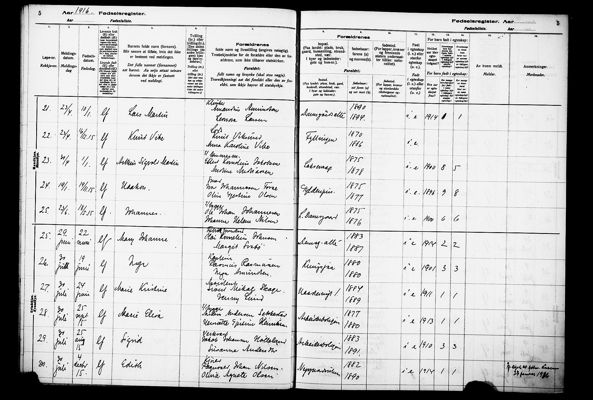 Laksevåg Sokneprestembete, AV/SAB-A-76501/I/Id/L00A1: Fødselsregister nr. A 1, 1916-1926, s. 5