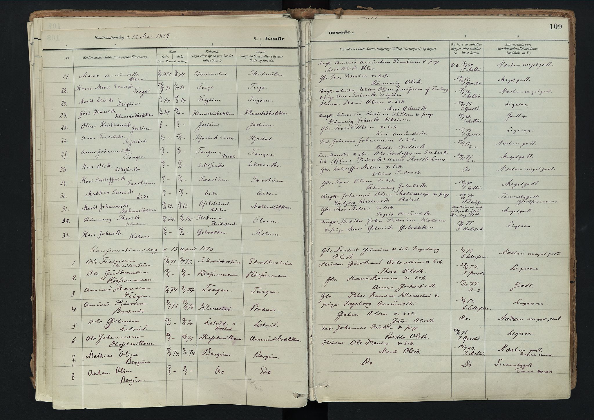 Nord-Fron prestekontor, AV/SAH-PREST-080/H/Ha/Haa/L0003: Ministerialbok nr. 3, 1884-1914, s. 109