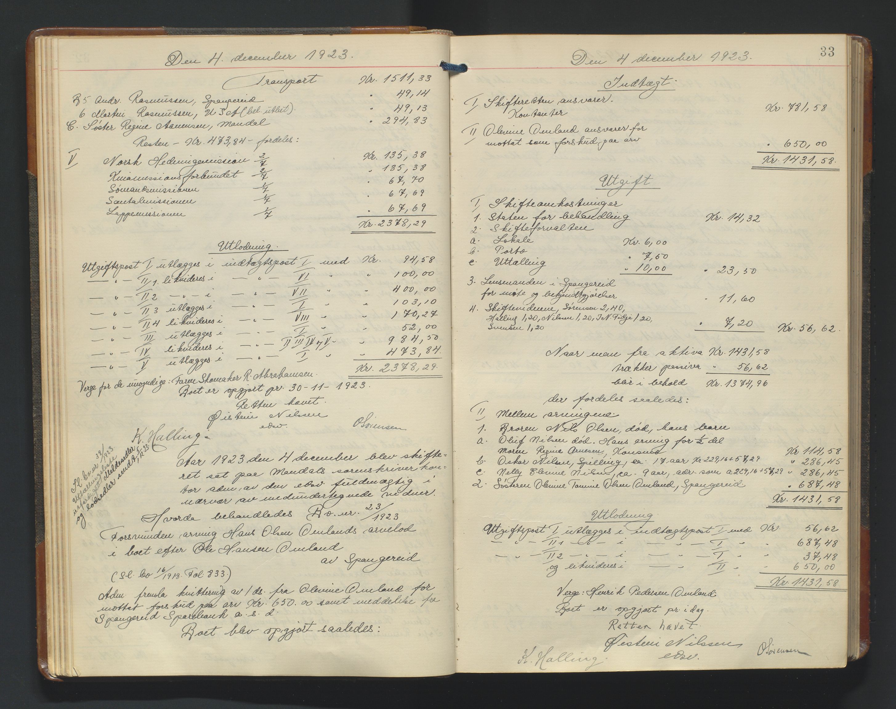 Mandal sorenskriveri, SAK/1221-0005/001/H/Hc/L0100: Skifteutlodningsprotokoll nr 9, 1923-1929, s. 33