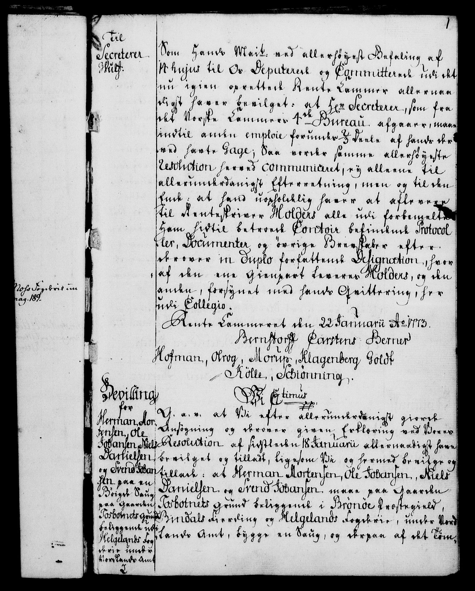 Rentekammeret, Kammerkanselliet, RA/EA-3111/G/Gg/Gga/L0010: Norsk ekspedisjonsprotokoll med register (merket RK 53.10), 1773-1778, s. 1
