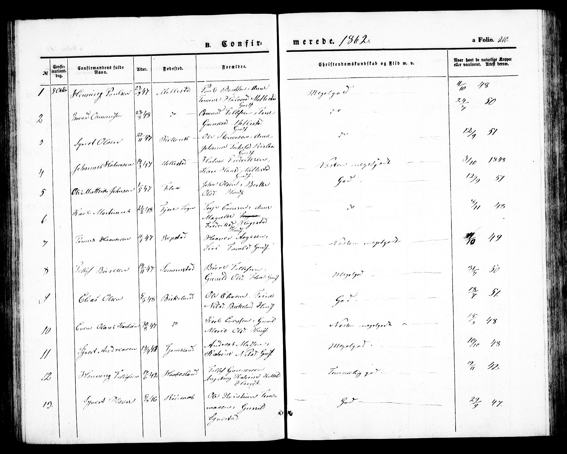 Birkenes sokneprestkontor, AV/SAK-1111-0004/F/Fb/L0002: Klokkerbok nr. B 2, 1849-1876, s. 210
