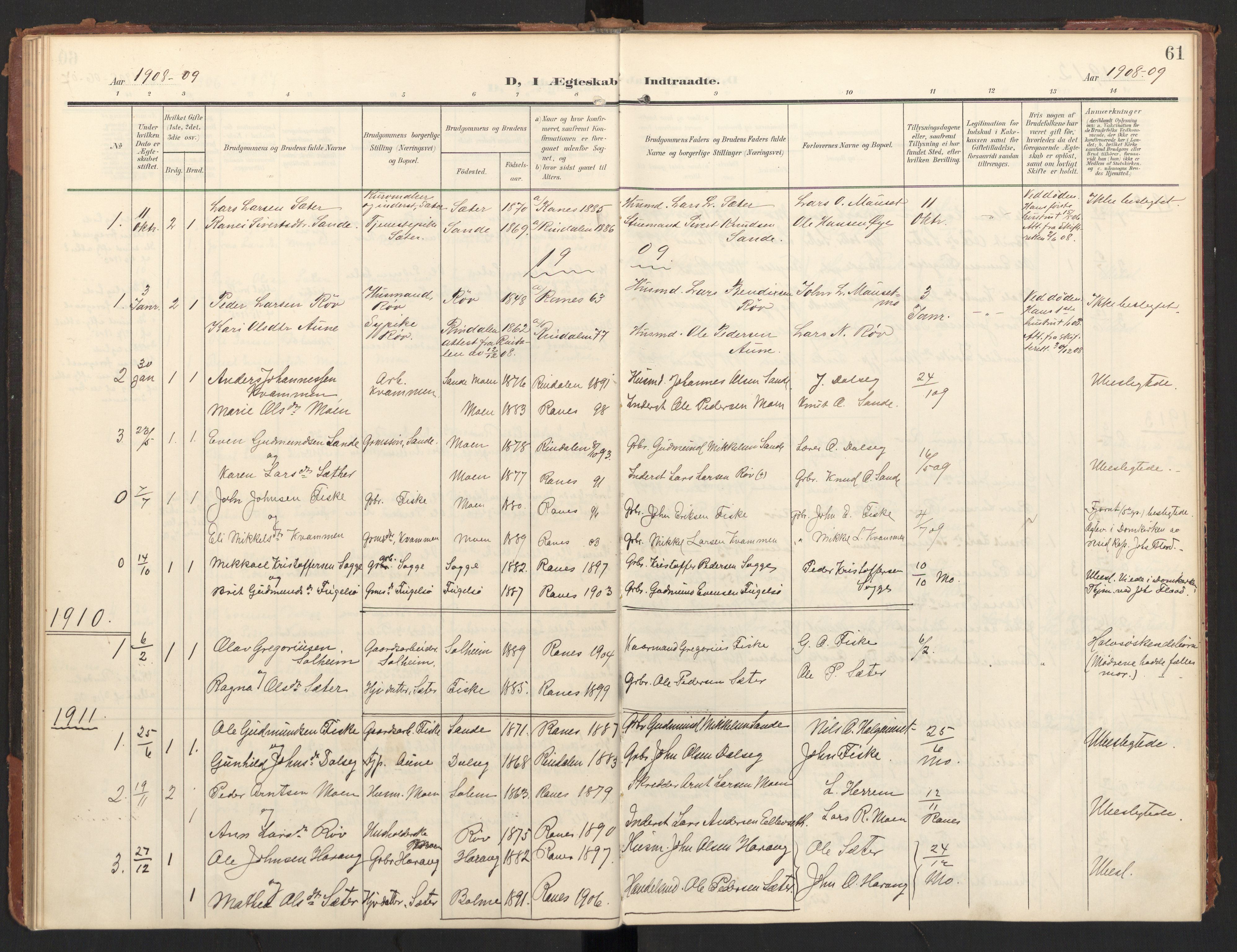 Ministerialprotokoller, klokkerbøker og fødselsregistre - Møre og Romsdal, AV/SAT-A-1454/597/L1063: Ministerialbok nr. 597A02, 1905-1923, s. 61