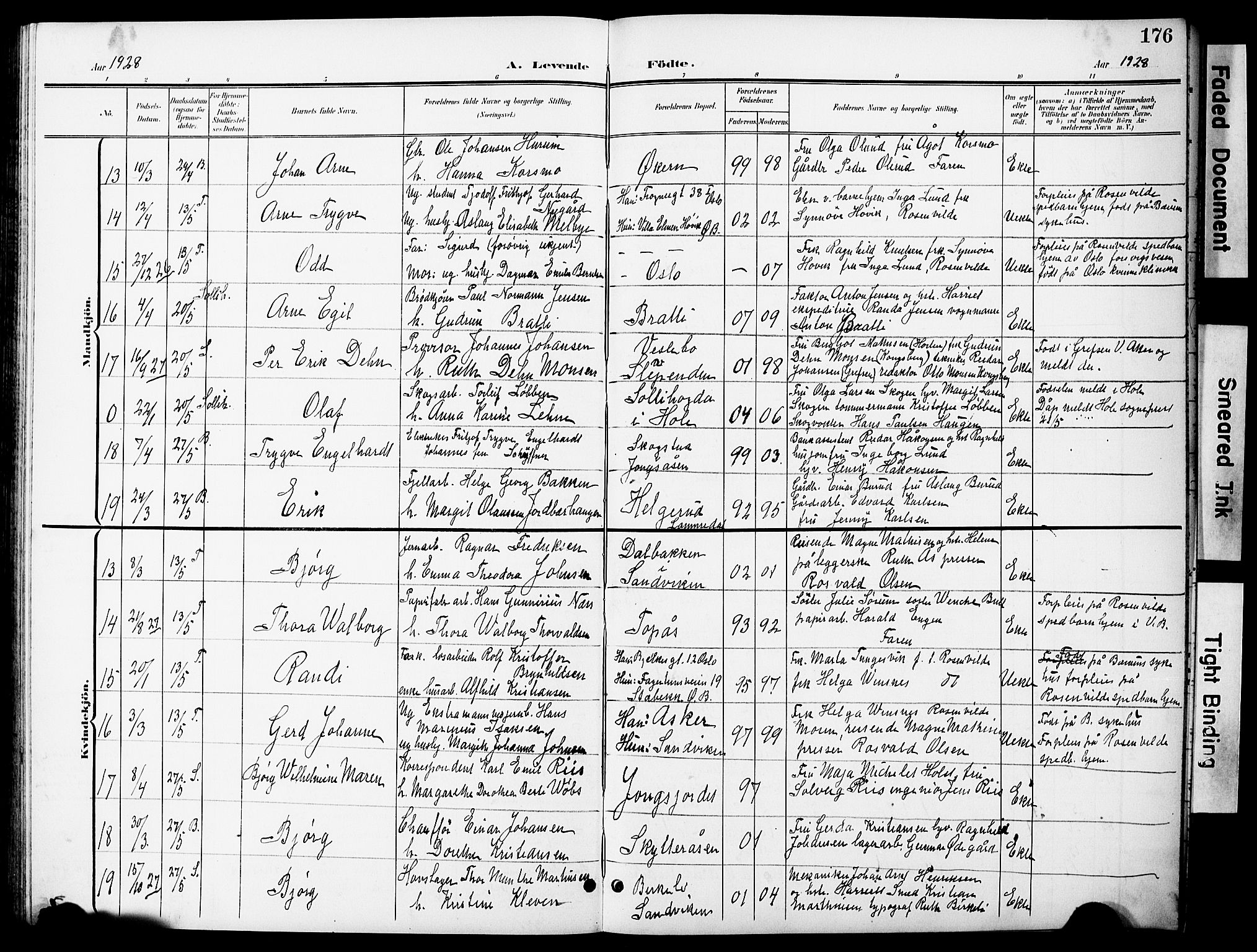 Vestre Bærum prestekontor Kirkebøker, AV/SAO-A-10209a/G/L0001: Klokkerbok nr. 1, 1901-1931, s. 176