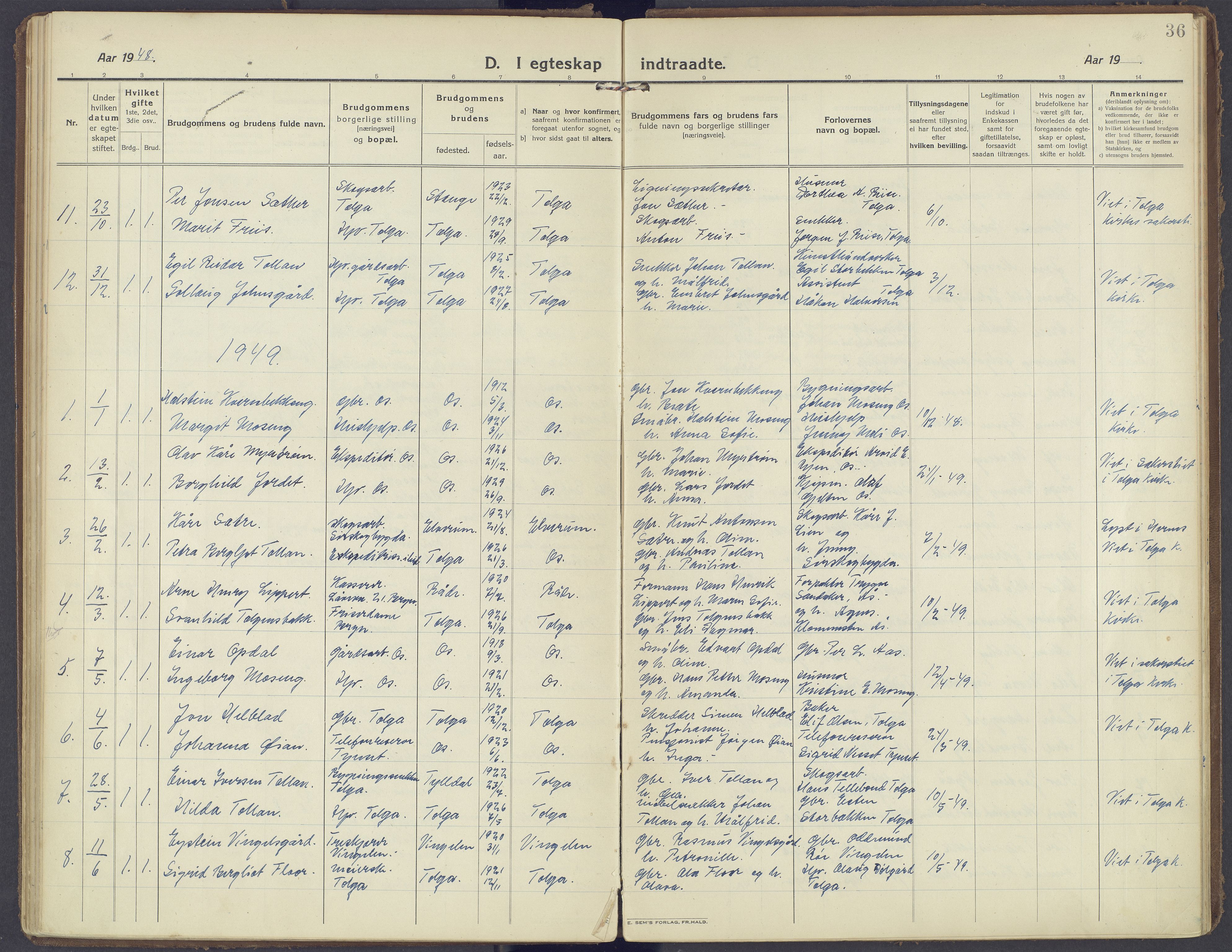 Tolga prestekontor, SAH/PREST-062/K/L0019: Ministerialbok nr. 19, 1921-1974, s. 36