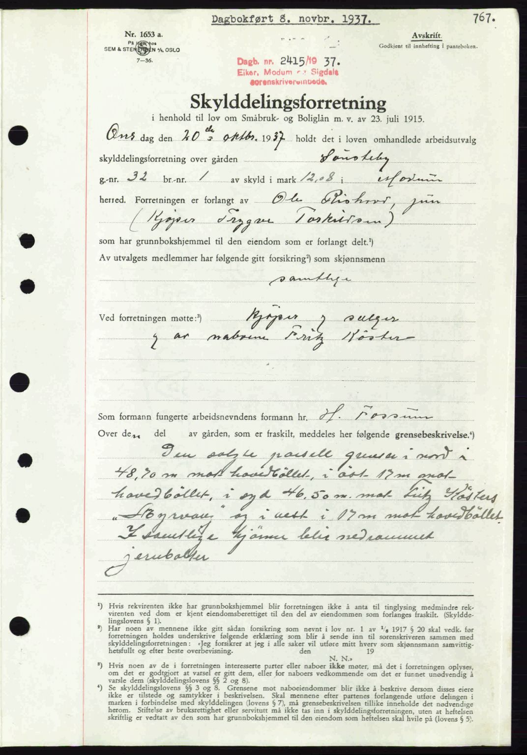 Eiker, Modum og Sigdal sorenskriveri, SAKO/A-123/G/Ga/Gab/L0036: Pantebok nr. A6, 1937-1937, Dagboknr: 2415/1937
