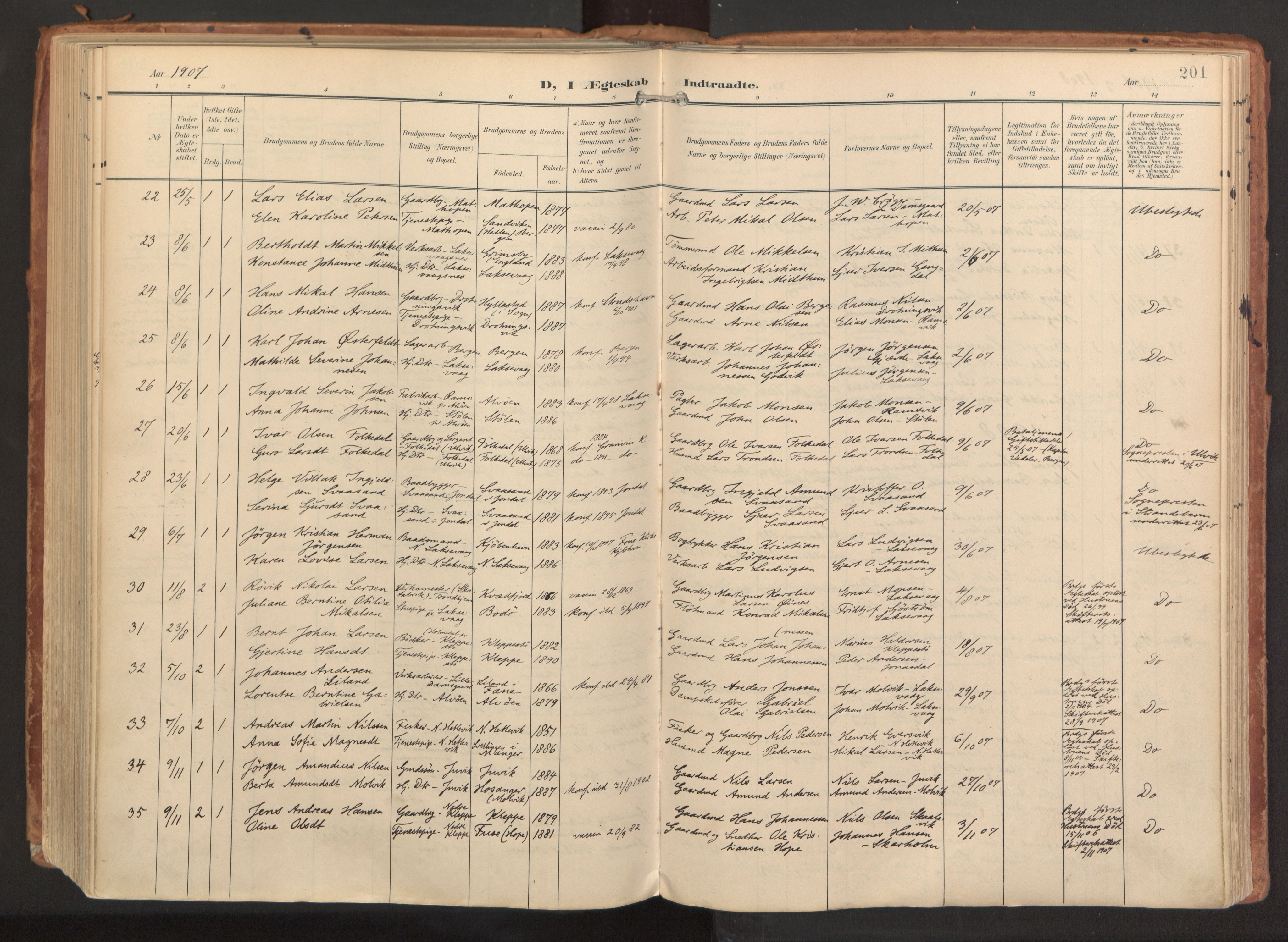 Laksevåg Sokneprestembete, AV/SAB-A-76501/H/Ha/Haa/Haaa/L0001: Ministerialbok nr. A 1, 1903-1917, s. 201