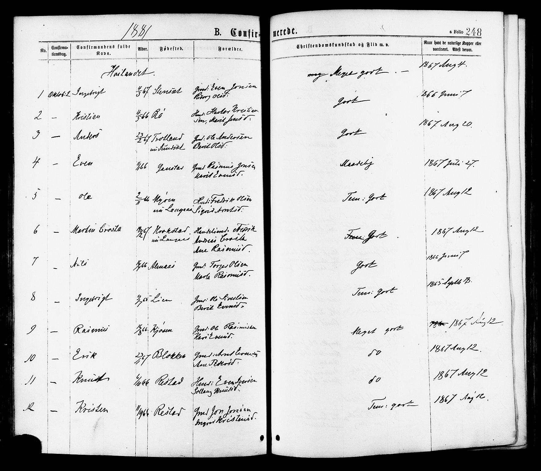 Ministerialprotokoller, klokkerbøker og fødselsregistre - Sør-Trøndelag, SAT/A-1456/691/L1079: Ministerialbok nr. 691A11, 1873-1886, s. 248