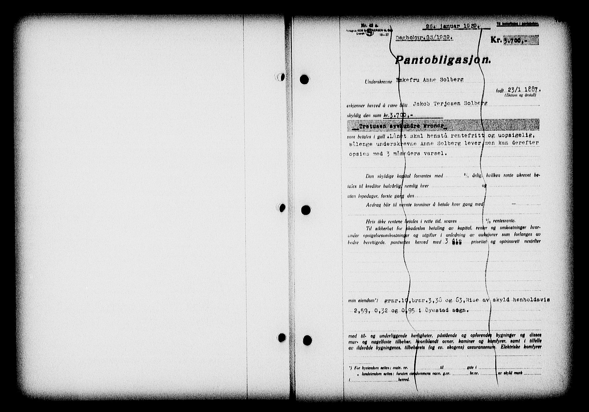 Nedenes sorenskriveri, SAK/1221-0006/G/Gb/Gba/L0046: Pantebok nr. 42, 1938-1939, Dagboknr: 83/1939