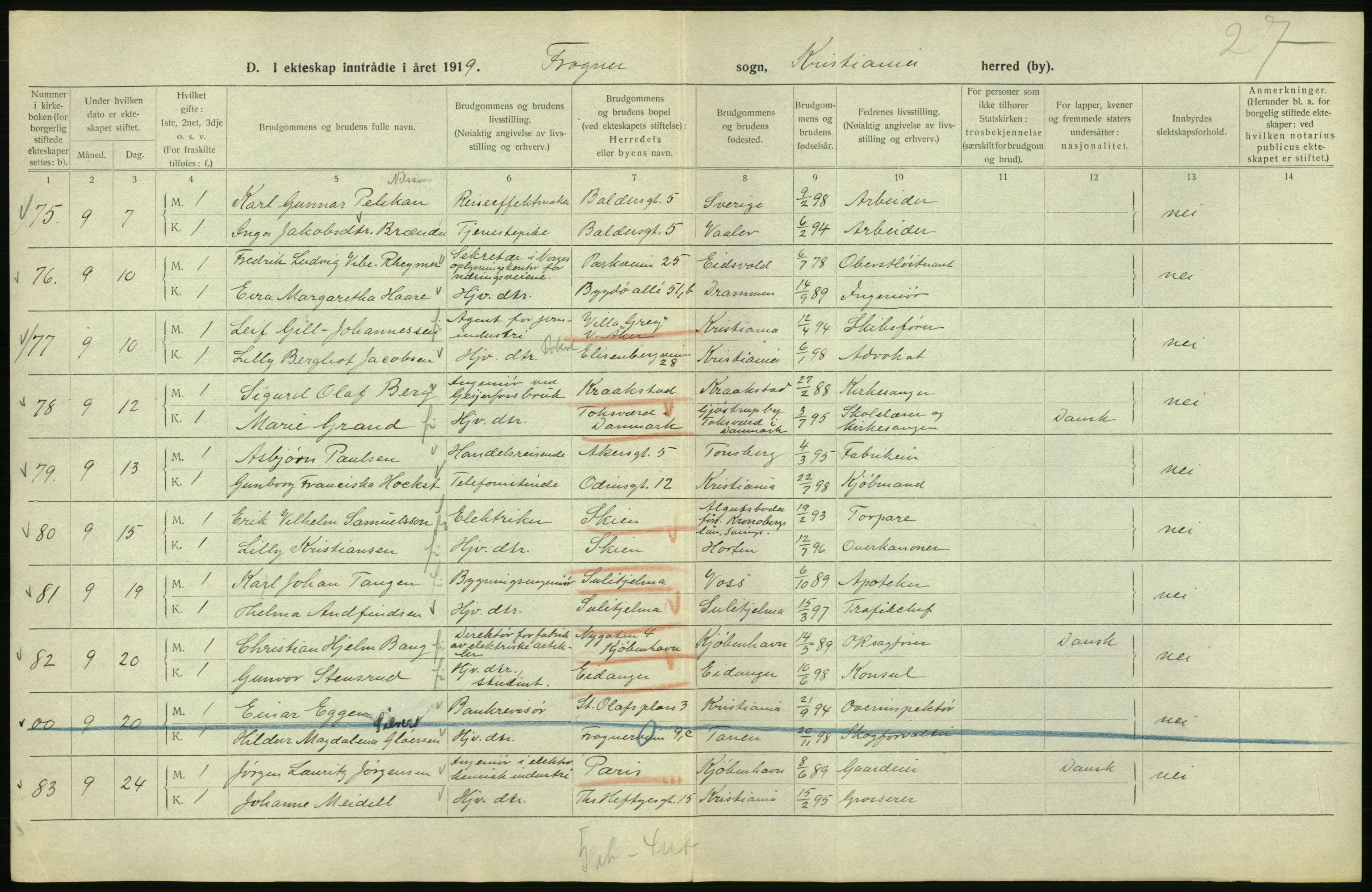 Statistisk sentralbyrå, Sosiodemografiske emner, Befolkning, RA/S-2228/D/Df/Dfb/Dfbi/L0009: Kristiania: Gifte, 1919, s. 190