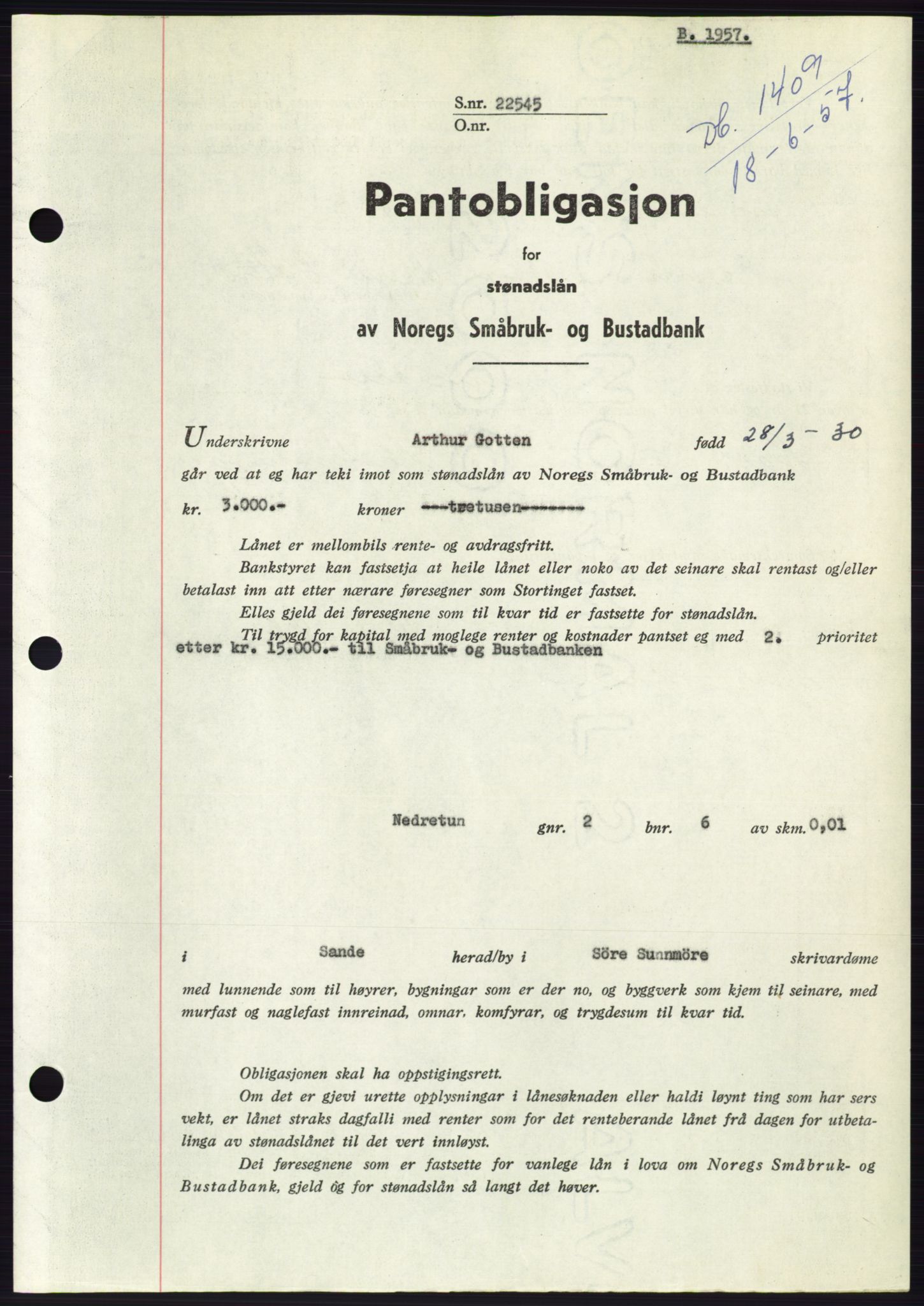 Søre Sunnmøre sorenskriveri, AV/SAT-A-4122/1/2/2C/L0130: Pantebok nr. 18B, 1957-1958, Dagboknr: 1409/1957