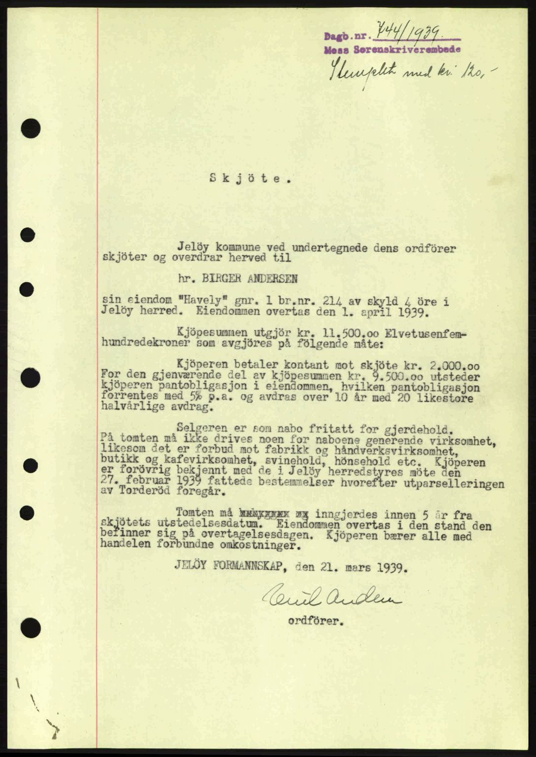 Moss sorenskriveri, SAO/A-10168: Pantebok nr. A5, 1938-1939, Dagboknr: 744/1939