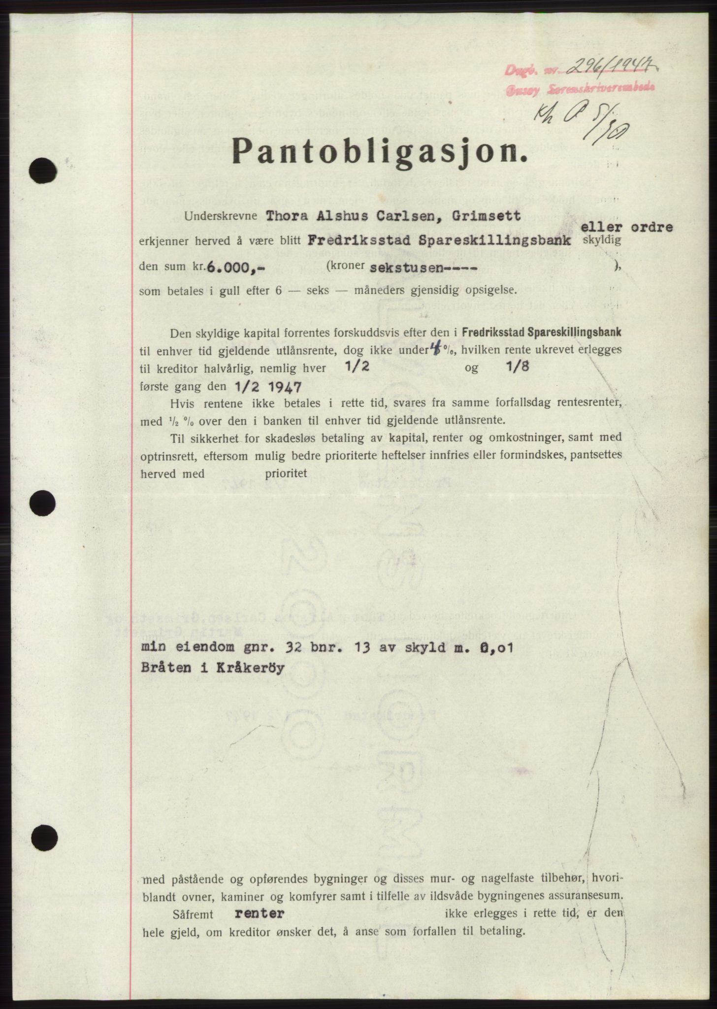 Onsøy sorenskriveri, SAO/A-10474/G/Ga/Gac/L0005: Pantebok nr. B 9-5, 1946-1947, Dagboknr: 296/1947