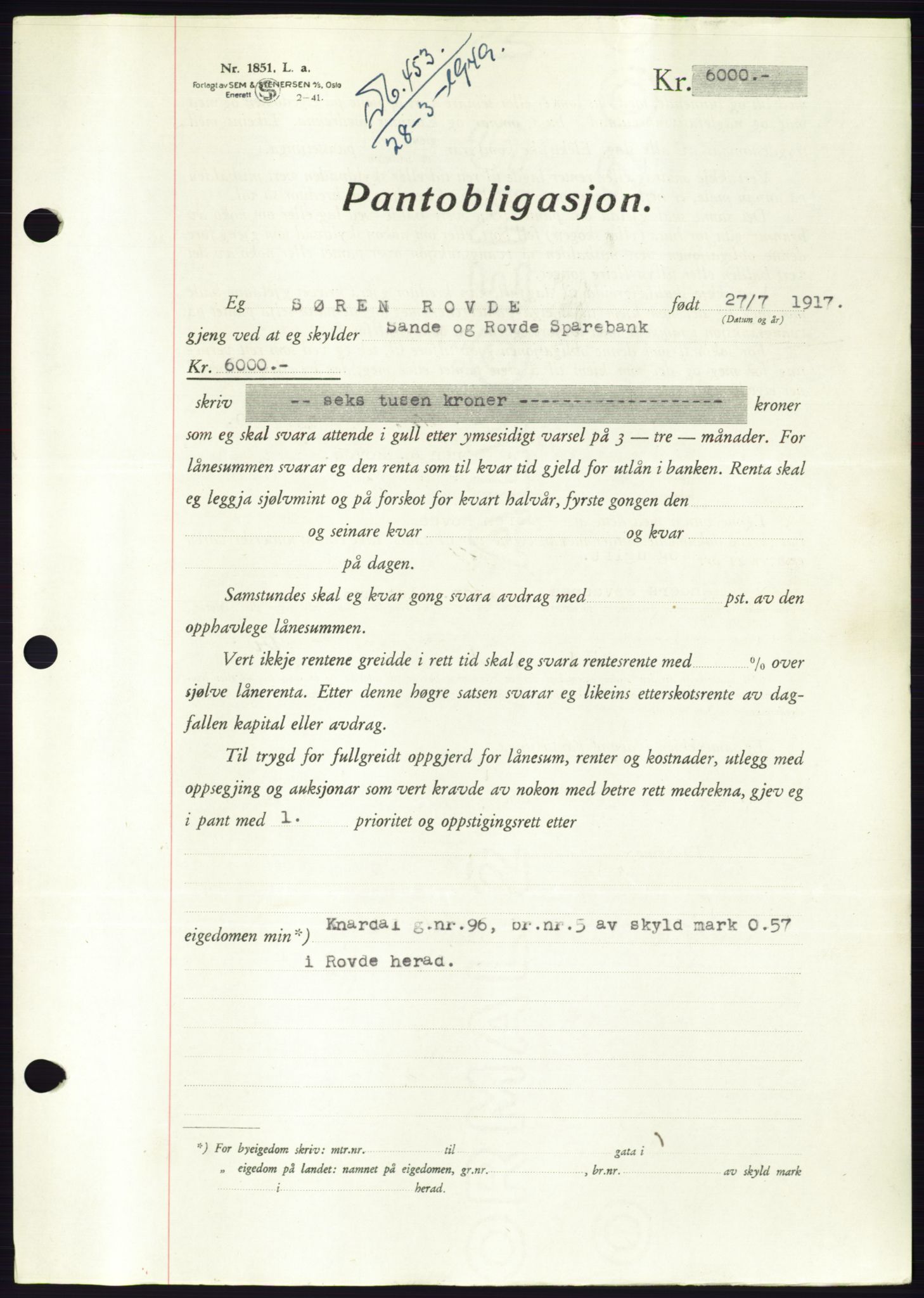 Søre Sunnmøre sorenskriveri, AV/SAT-A-4122/1/2/2C/L0116: Pantebok nr. 4B, 1948-1949, Dagboknr: 453/1949