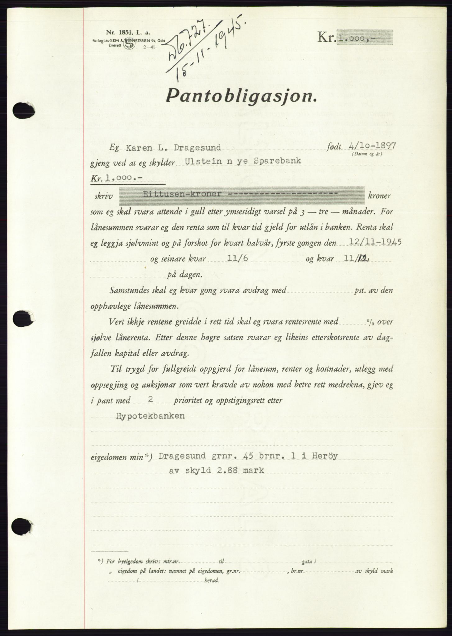 Søre Sunnmøre sorenskriveri, AV/SAT-A-4122/1/2/2C/L0114: Pantebok nr. 1-2B, 1943-1947, Dagboknr: 727/1945