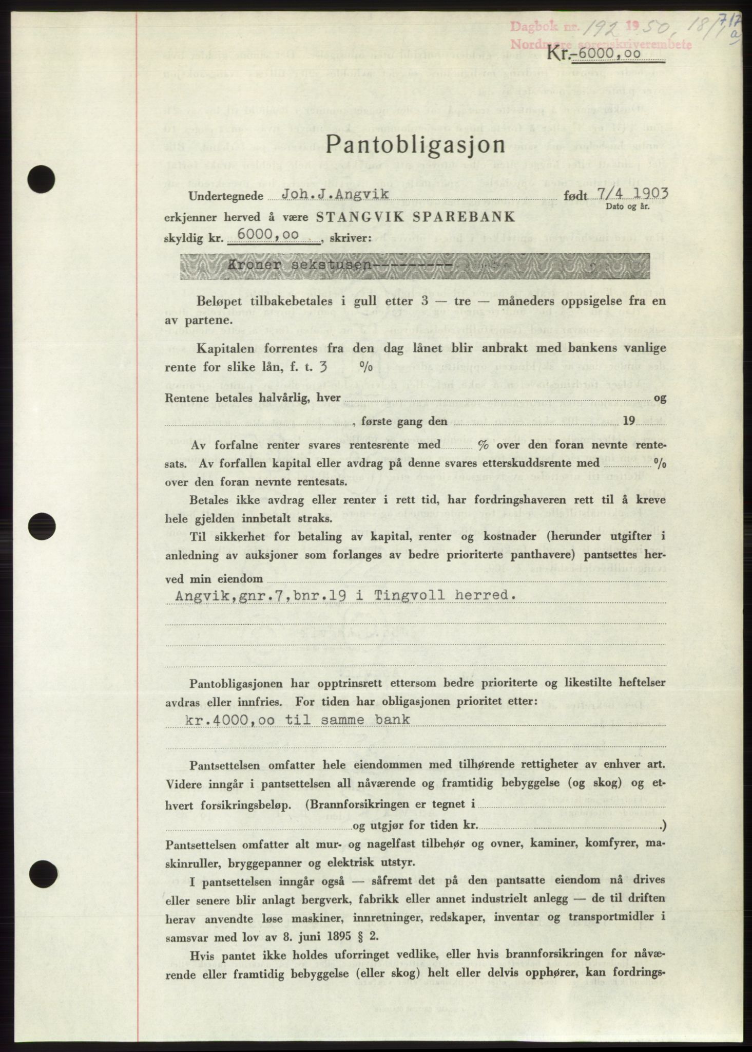 Nordmøre sorenskriveri, SAT/A-4132/1/2/2Ca: Pantebok nr. B103, 1949-1950, Dagboknr: 192/1950