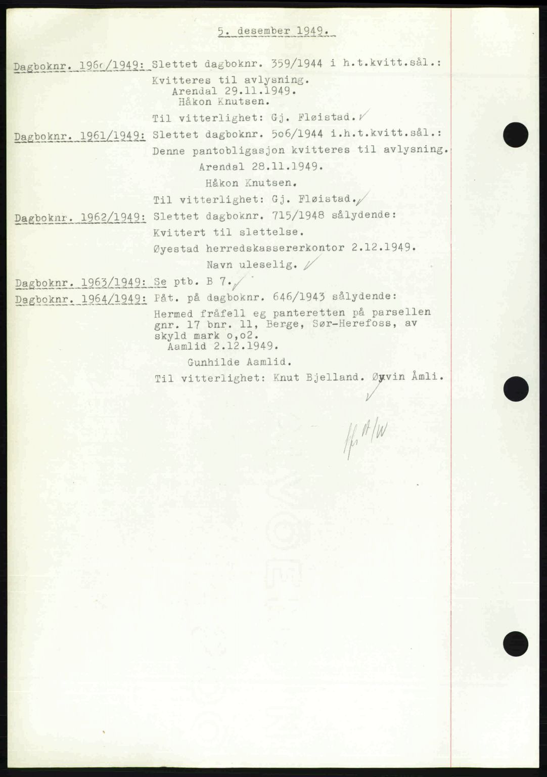 Nedenes sorenskriveri, SAK/1221-0006/G/Gb/Gba/L0061: Pantebok nr. A13, 1949-1949, Dagboknr: 1960/1949