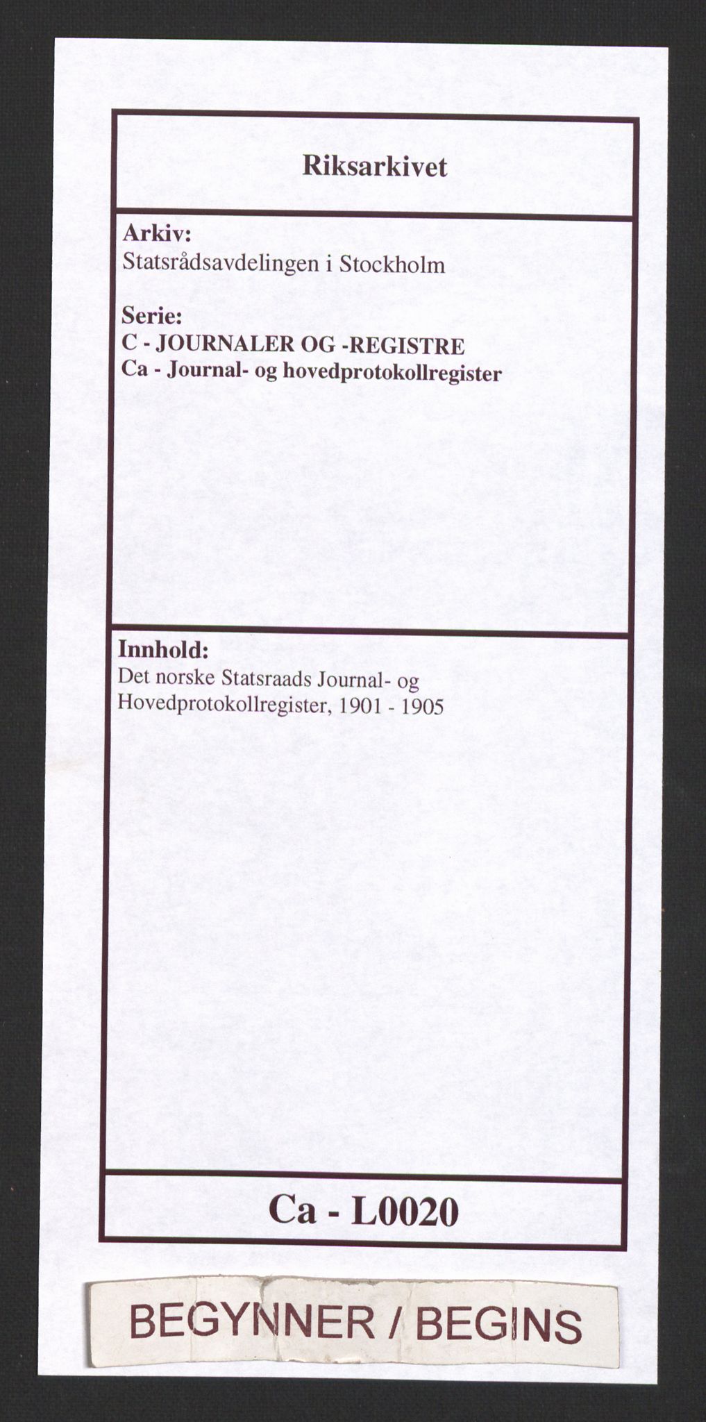Statsrådsavdelingen i Stockholm, RA/S-1003/C/Ca/L0020: Det norske Statsraads Journal- og Hovedprotokollregister, 1901-1905