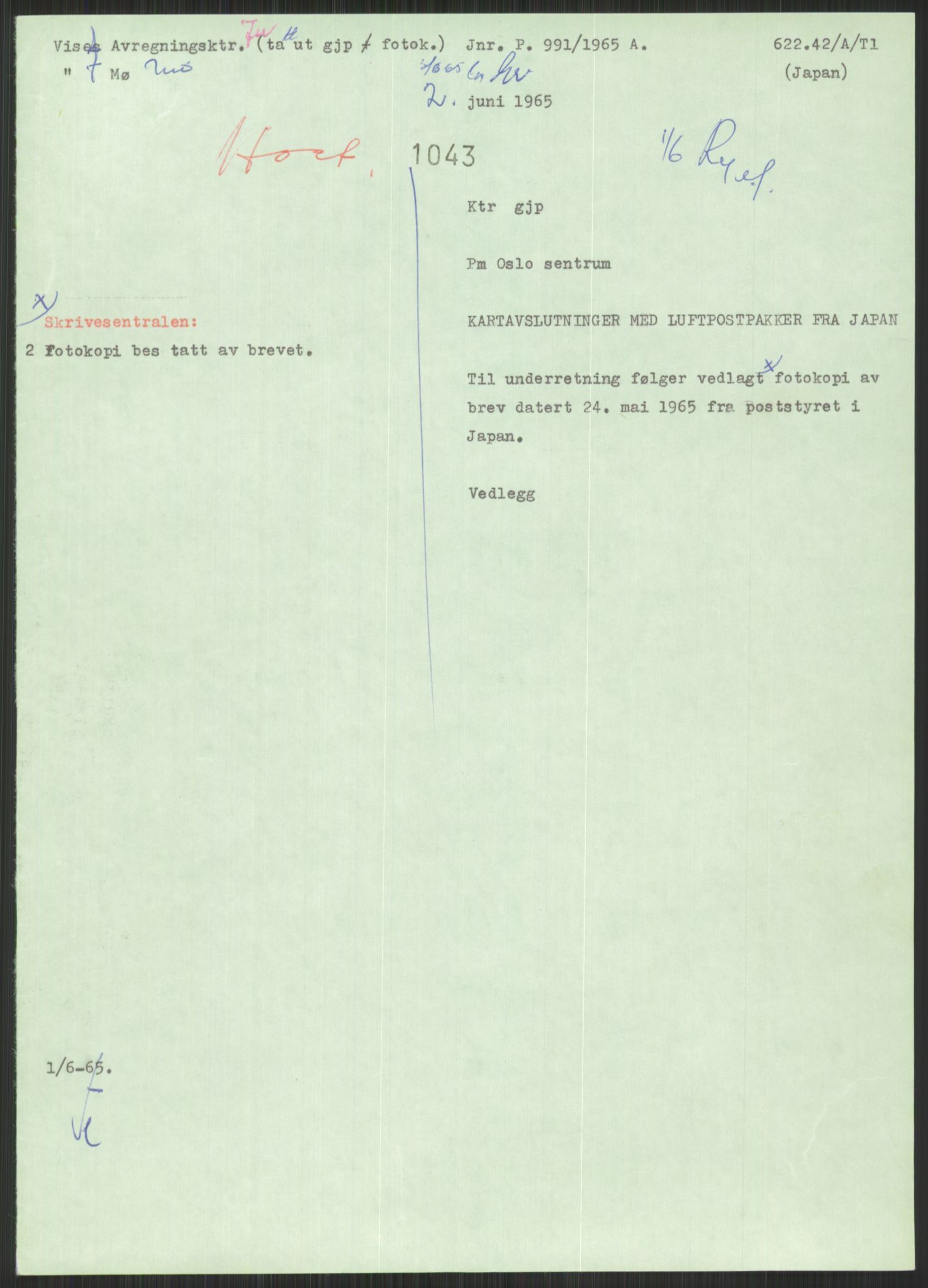 Postdirektoratet, Administrasjonsservice (TSA), RA/S-4783/D/L0095/0002: De forskjellige tjenestegrener / Luftpakkepost, 1947-1965, s. 595