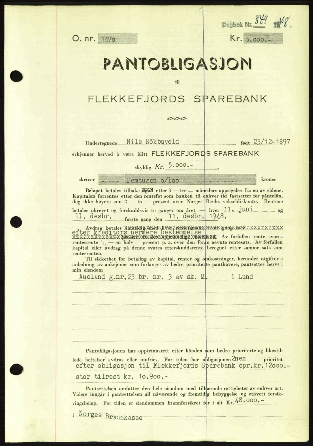 Dalane sorenskriveri, SAST/A-100309/02/G/Gb/L0057: Pantebok nr. B6-11, 1946-1950, Dagboknr: 849/1948