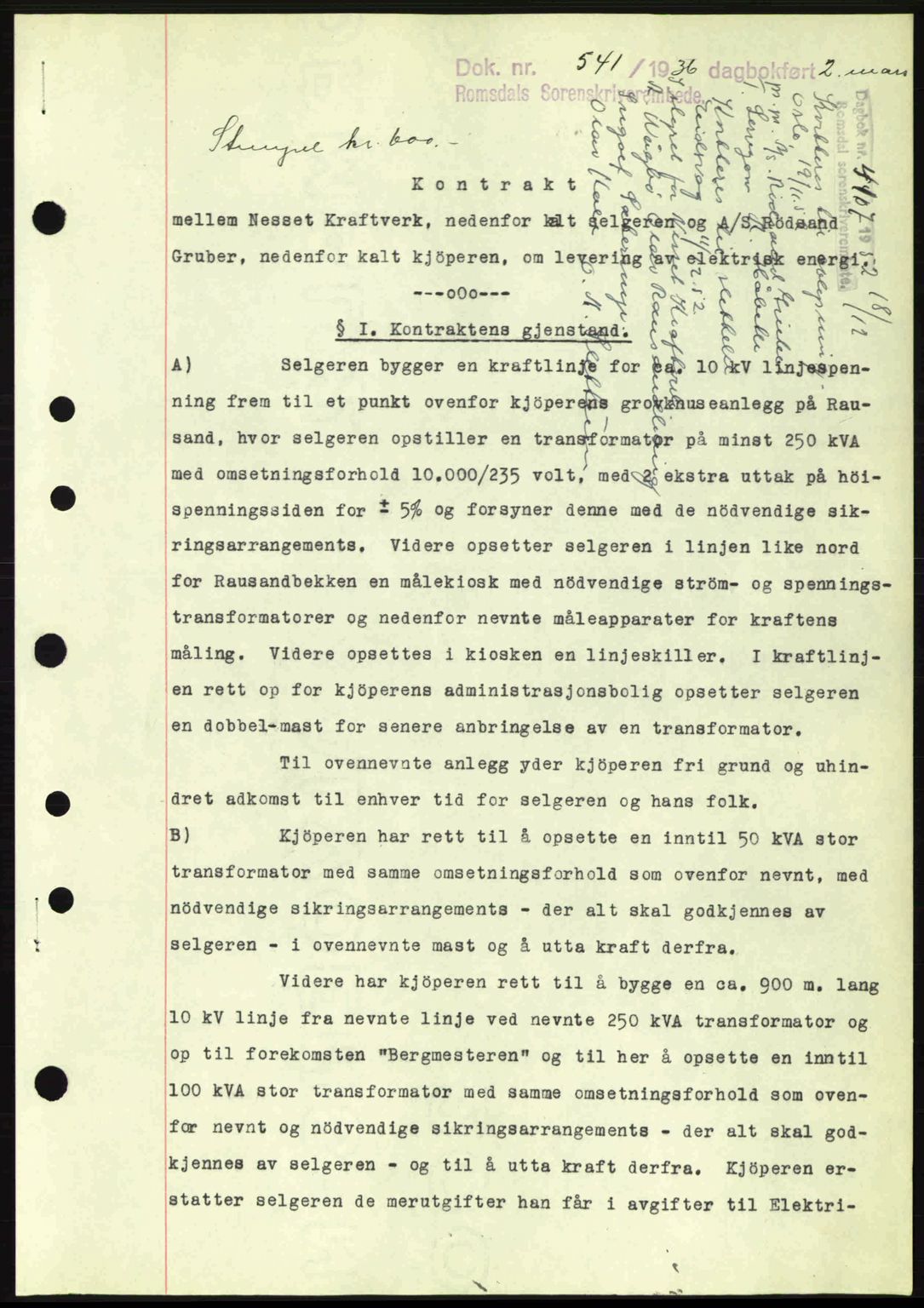 Romsdal sorenskriveri, SAT/A-4149/1/2/2C: Pantebok nr. A1, 1936-1936, Dagboknr: 541/1936