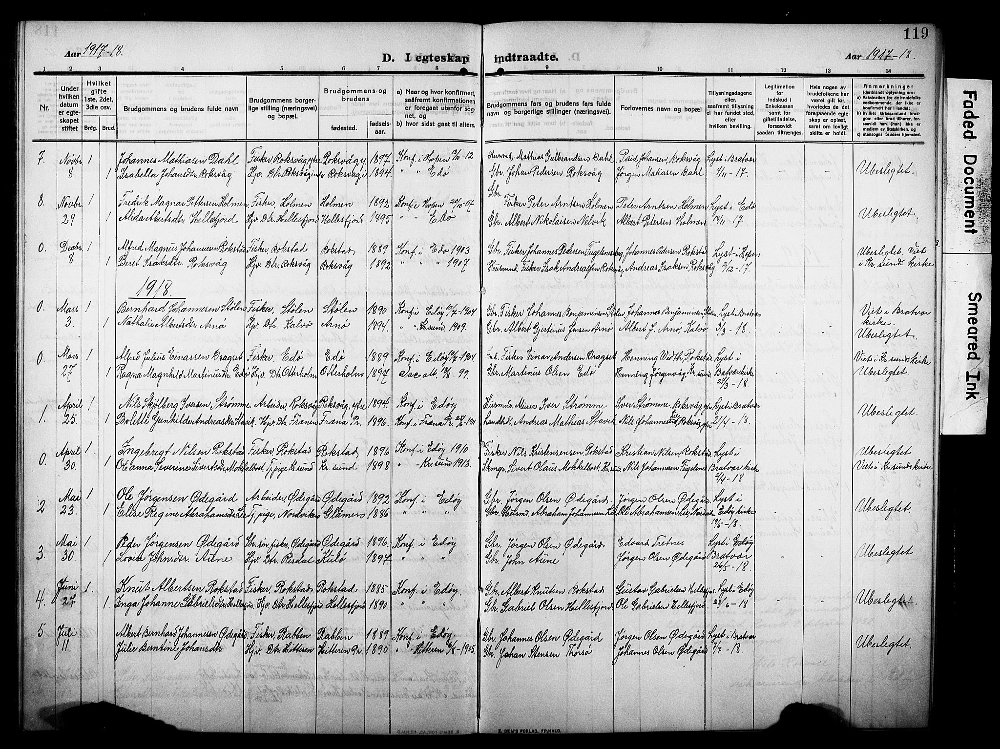 Ministerialprotokoller, klokkerbøker og fødselsregistre - Møre og Romsdal, AV/SAT-A-1454/581/L0943: Klokkerbok nr. 581C01, 1909-1931, s. 119