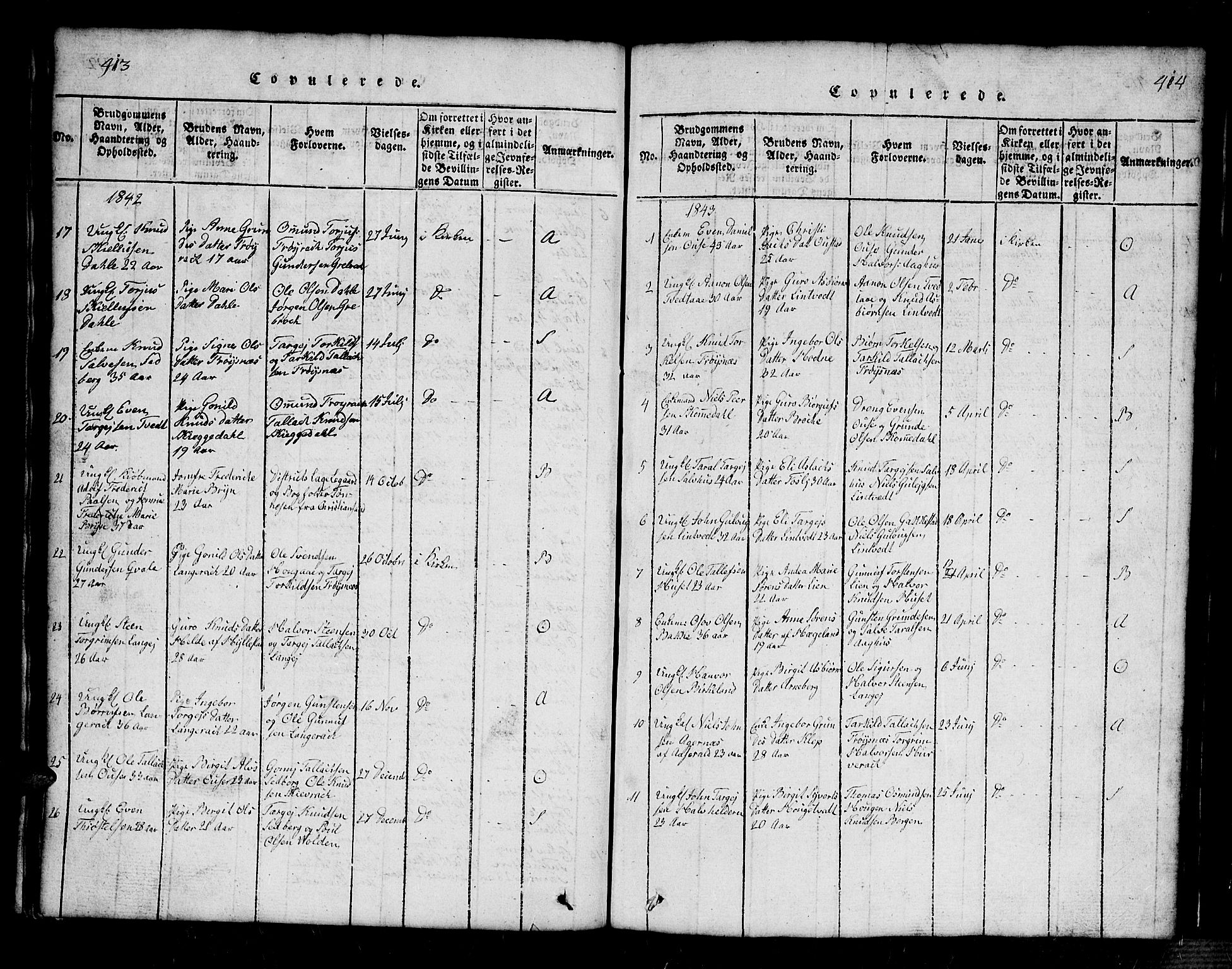 Bygland sokneprestkontor, AV/SAK-1111-0006/F/Fb/Fbb/L0001: Klokkerbok nr. B 1, 1816-1843, s. 414-415