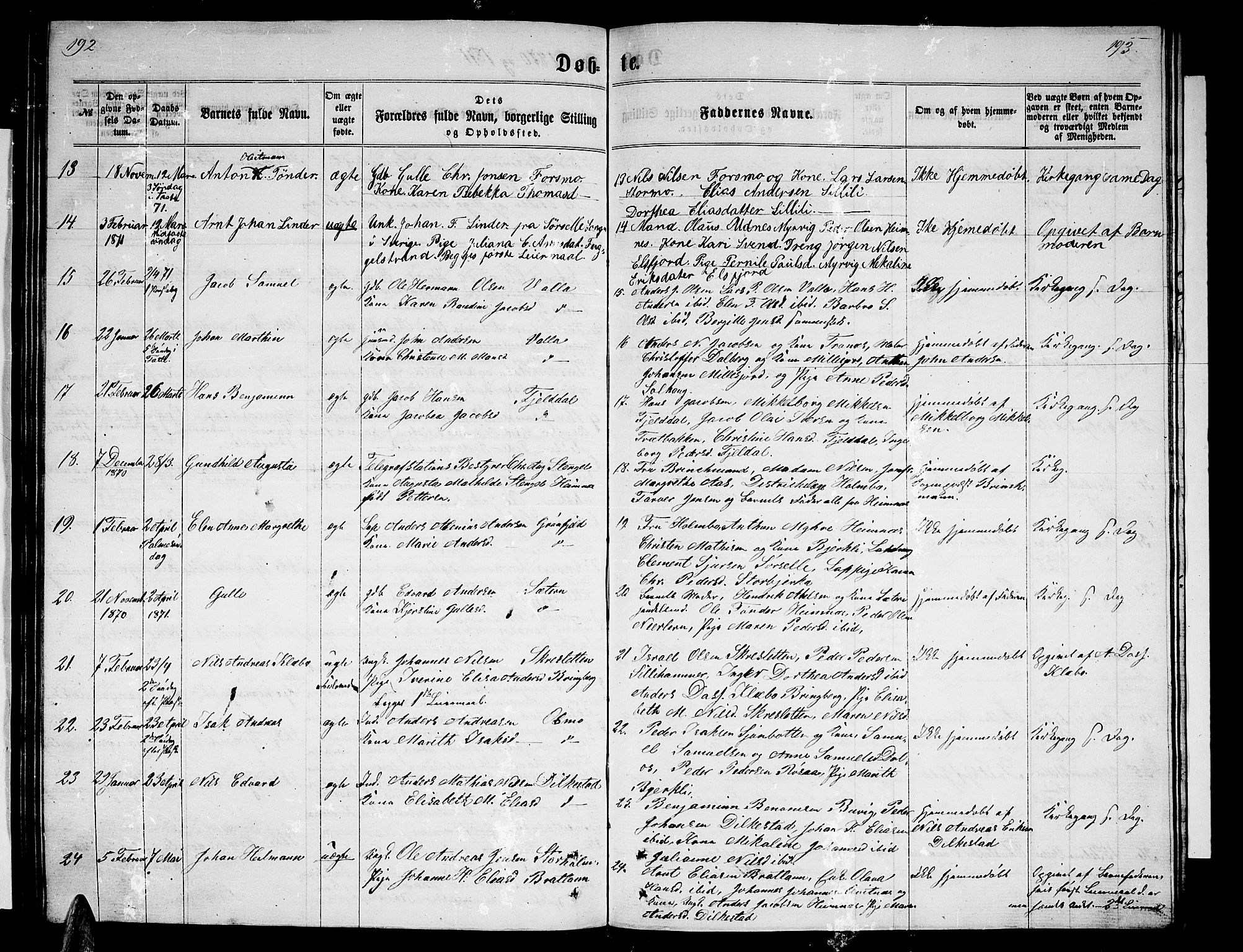 Ministerialprotokoller, klokkerbøker og fødselsregistre - Nordland, SAT/A-1459/825/L0365: Klokkerbok nr. 825C02, 1858-1873, s. 192-193