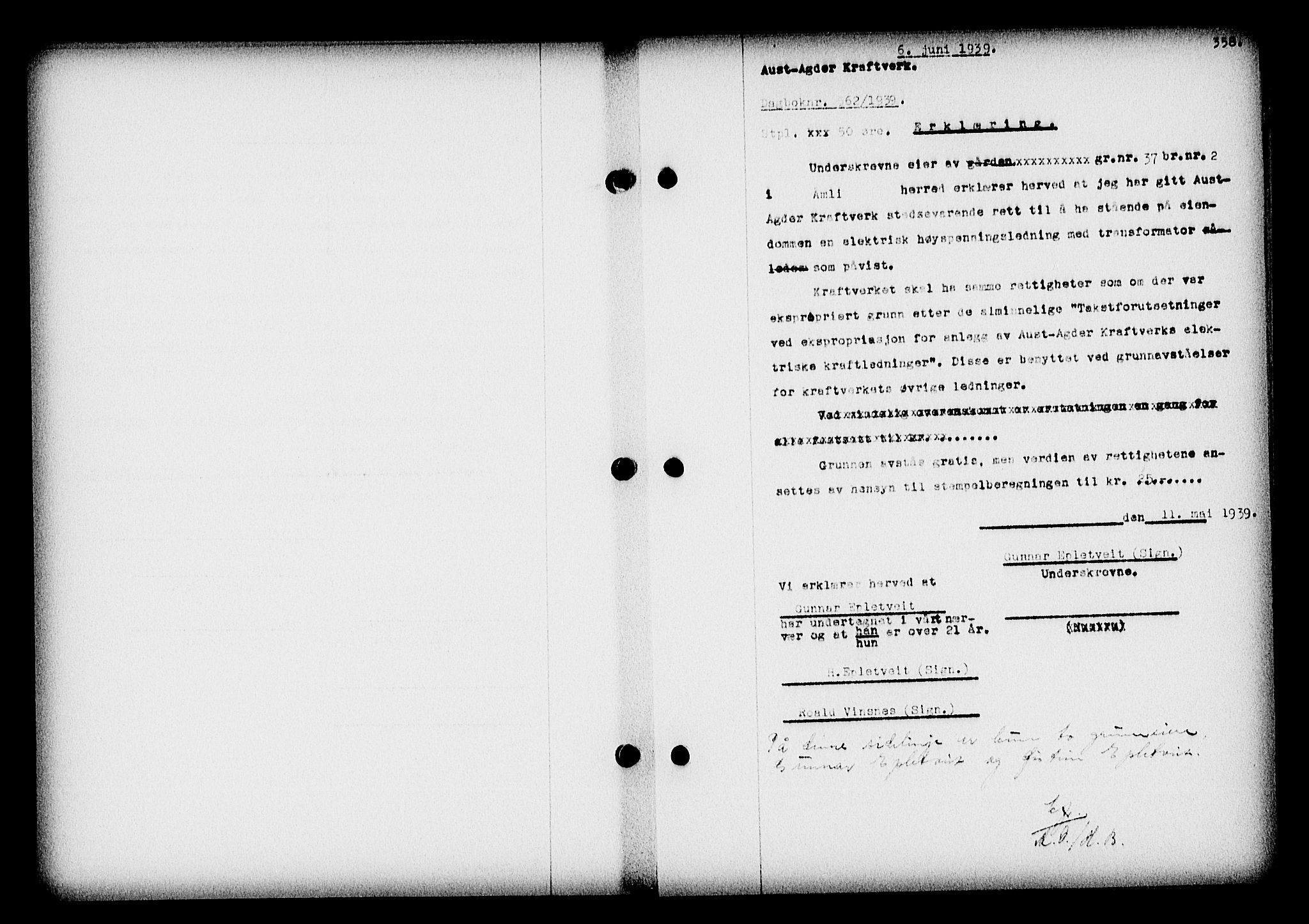 Nedenes sorenskriveri, SAK/1221-0006/G/Gb/Gba/L0046: Pantebok nr. 42, 1938-1939, Dagboknr: 562/1939