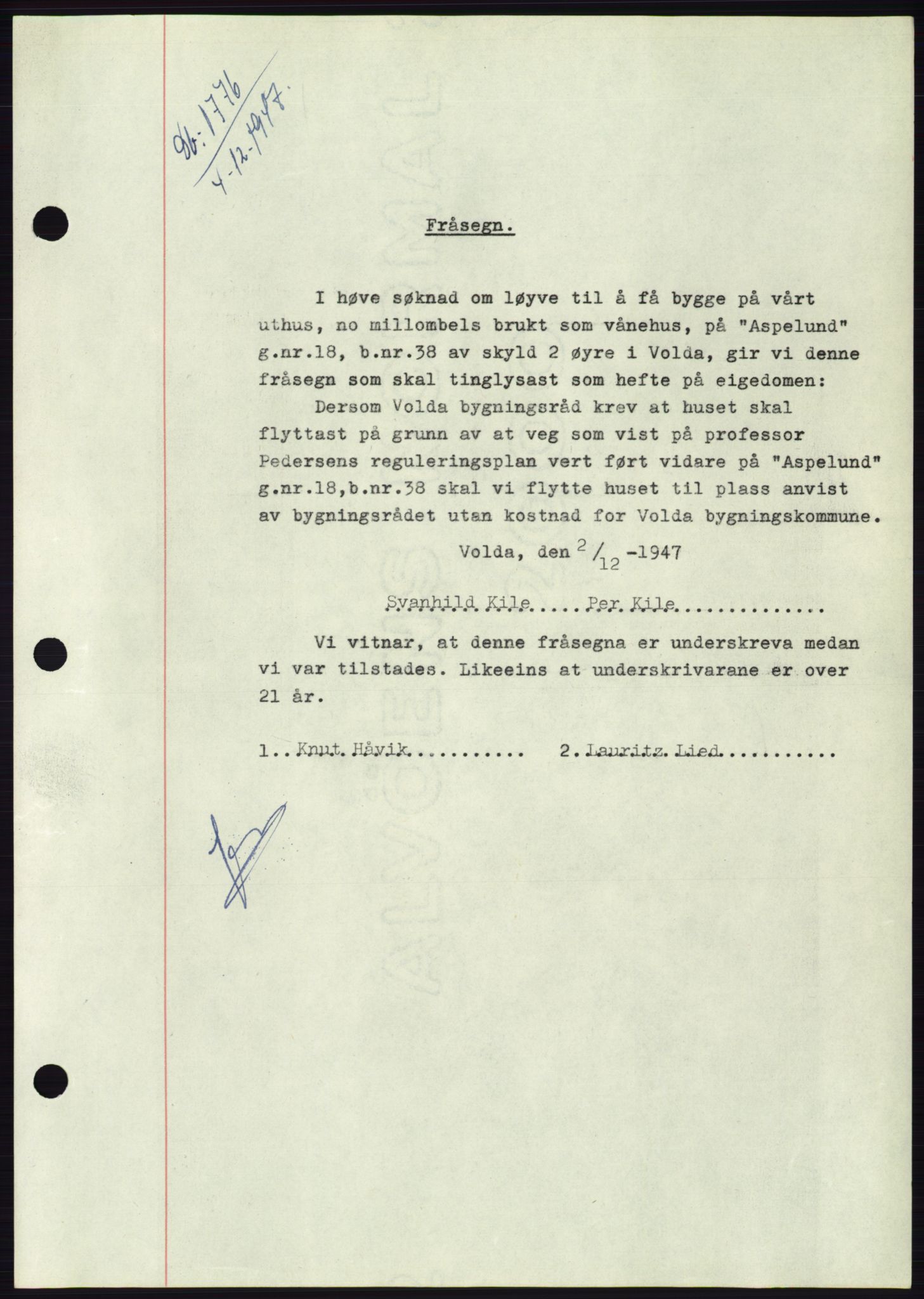 Søre Sunnmøre sorenskriveri, AV/SAT-A-4122/1/2/2C/L0115: Pantebok nr. 3B, 1947-1948, Dagboknr: 1771/1947