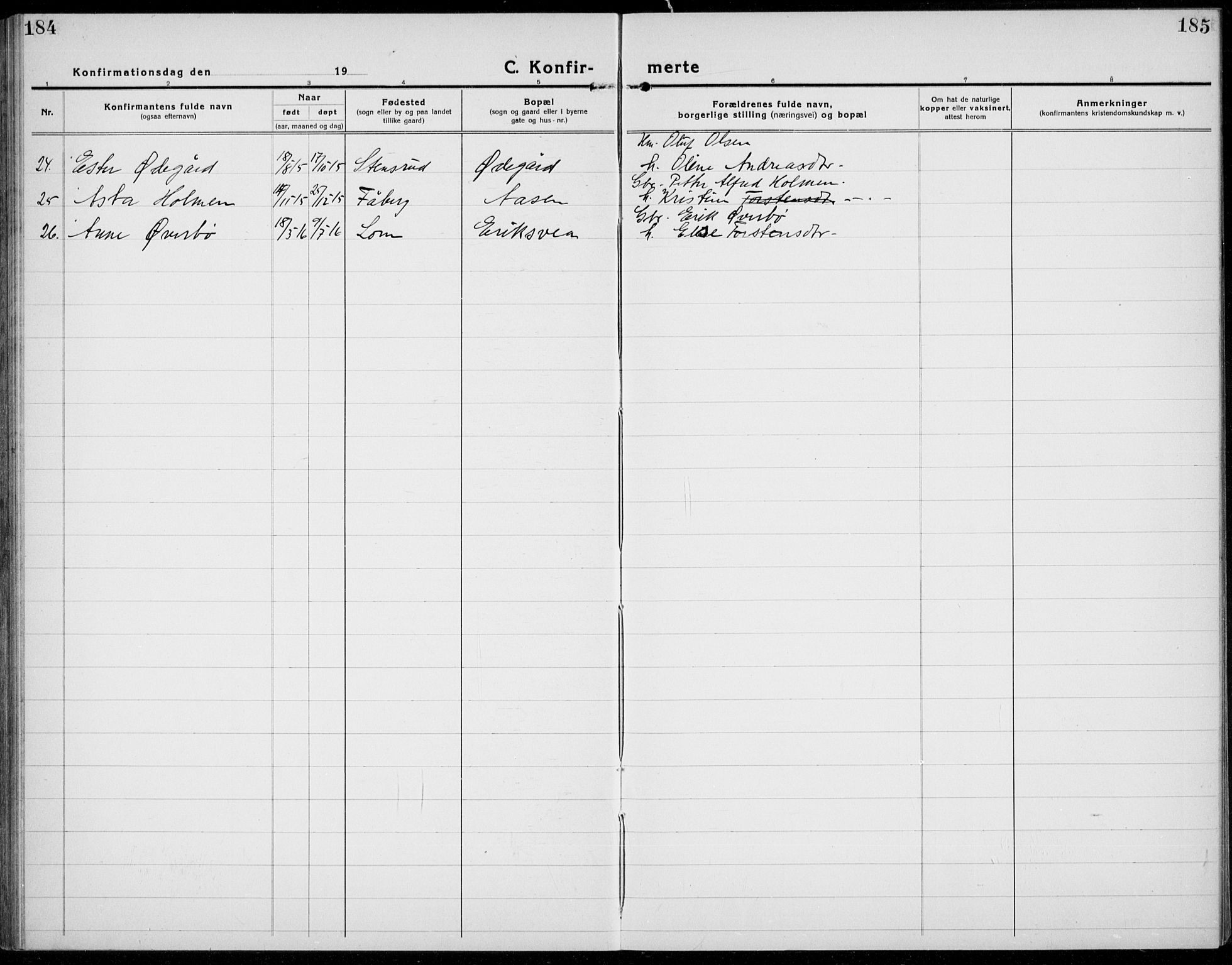 Brøttum prestekontor, AV/SAH-PREST-016/L/La/L0001: Klokkerbok nr. 1, 1921-1941, s. 184-185