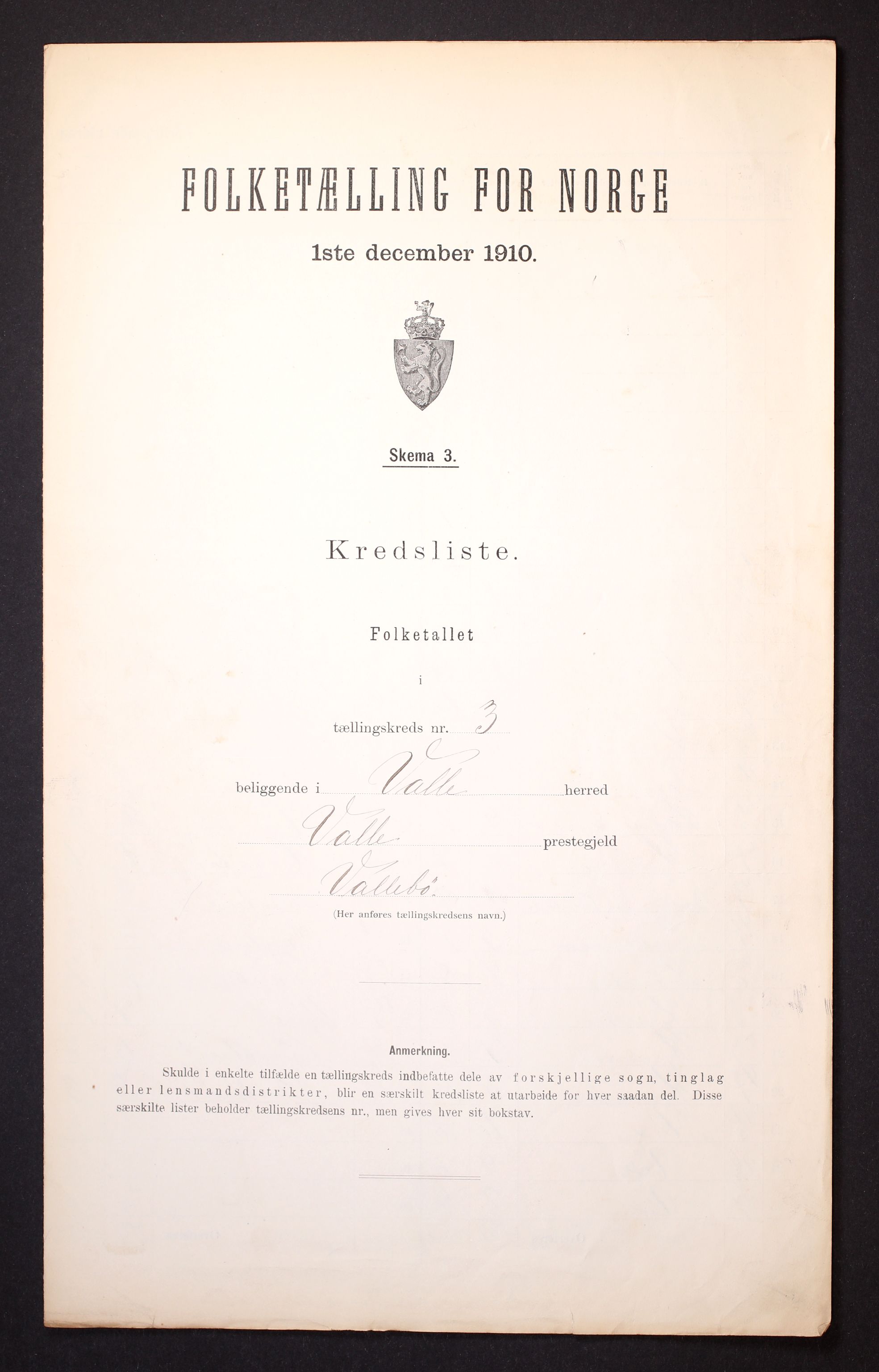 RA, Folketelling 1910 for 0940 Valle herred, 1910, s. 10