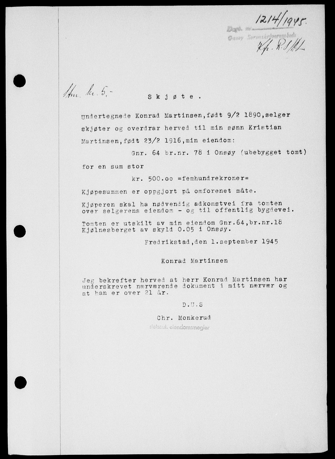 Onsøy sorenskriveri, SAO/A-10474/G/Ga/Gab/L0014: Pantebok nr. II A-14, 1944-1945, Dagboknr: 1214/1945