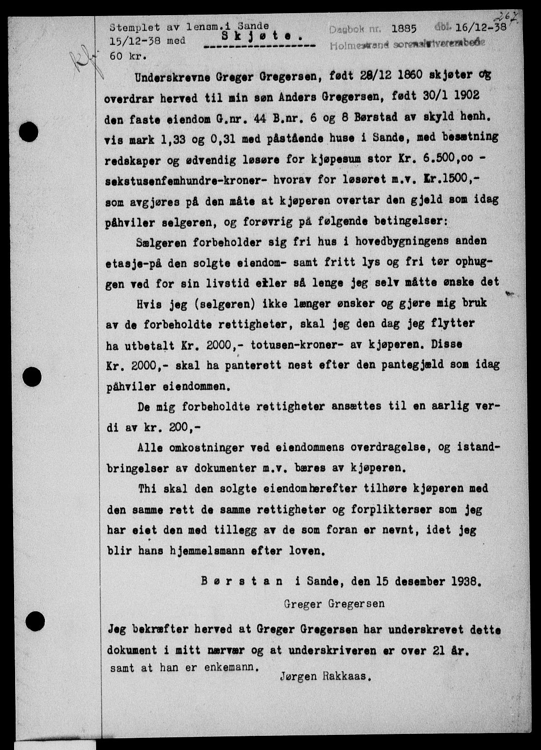 Holmestrand sorenskriveri, SAKO/A-67/G/Ga/Gaa/L0050: Pantebok nr. A-50, 1938-1939, Dagboknr: 1885/1938