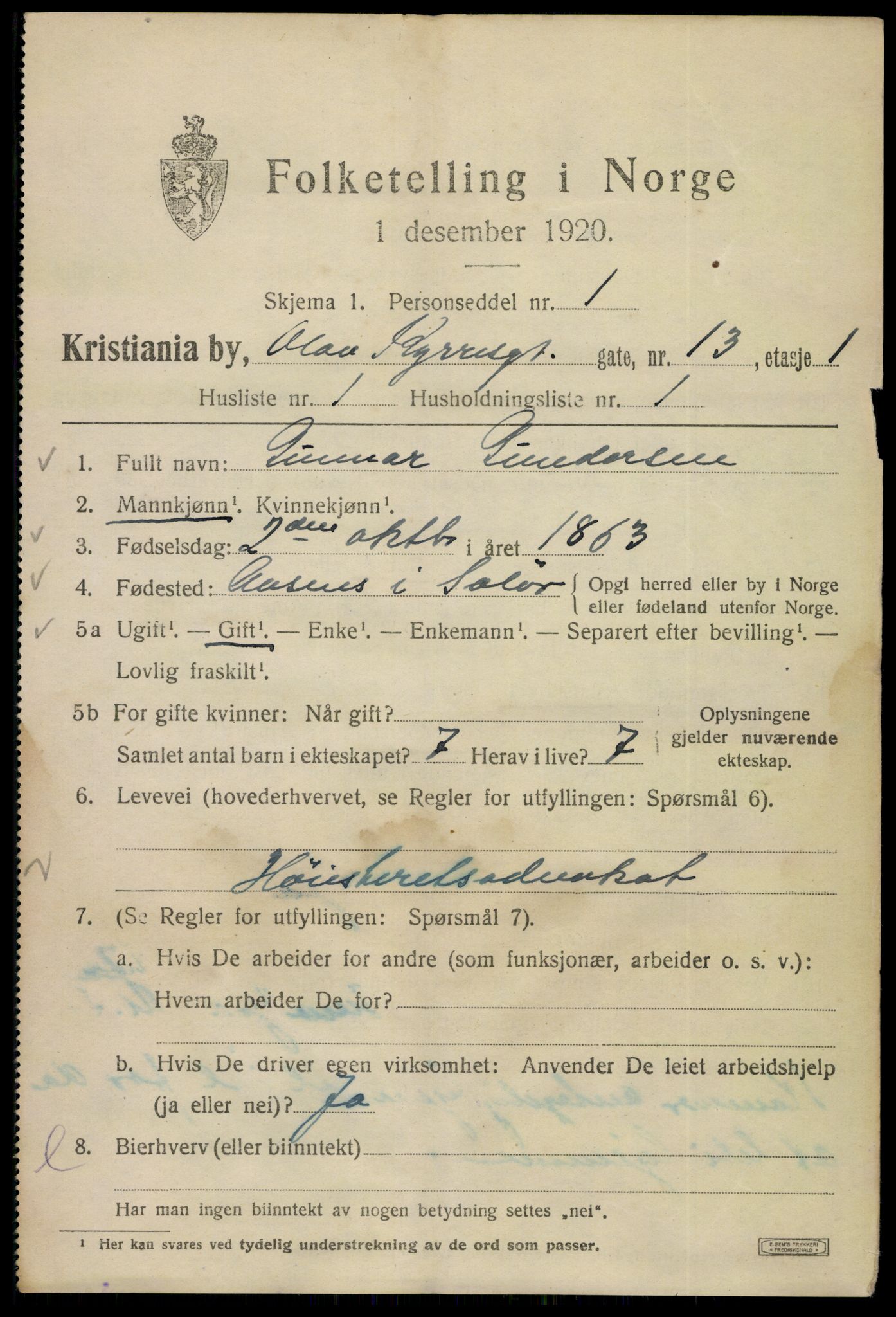 SAO, Folketelling 1920 for 0301 Kristiania kjøpstad, 1920, s. 432813