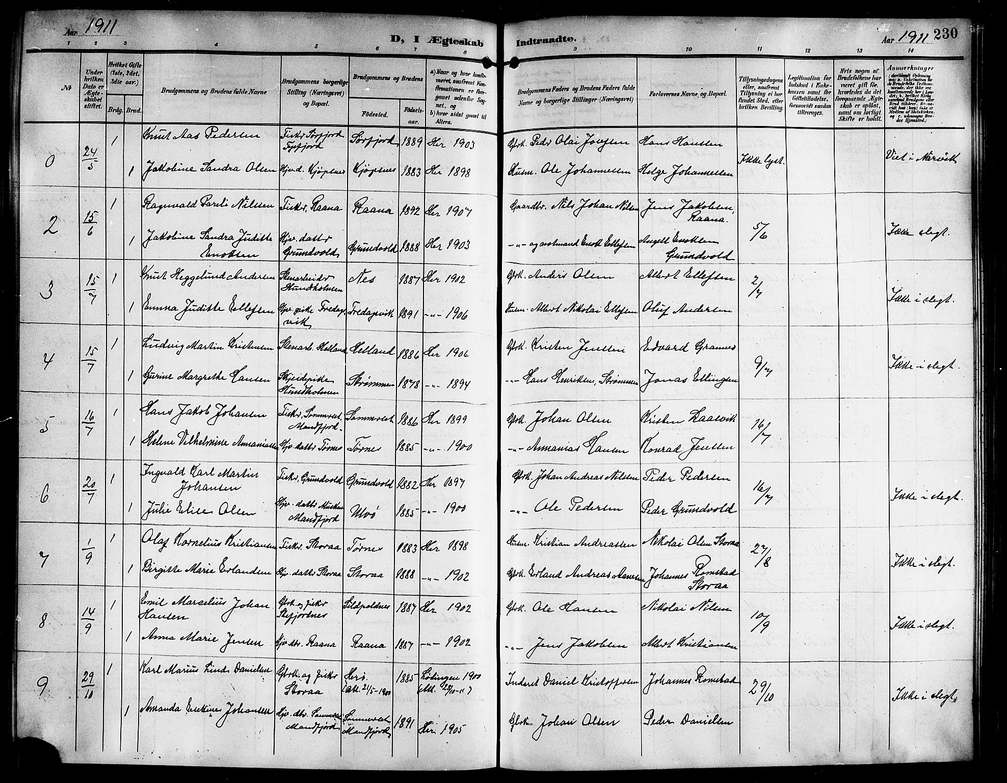 Ministerialprotokoller, klokkerbøker og fødselsregistre - Nordland, AV/SAT-A-1459/861/L0877: Klokkerbok nr. 861C03, 1903-1919, s. 230