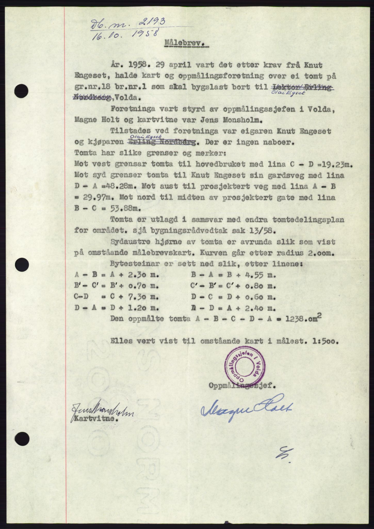 Søre Sunnmøre sorenskriveri, AV/SAT-A-4122/1/2/2C/L0110: Pantebok nr. 36A, 1958-1958, Dagboknr: 2193/1958
