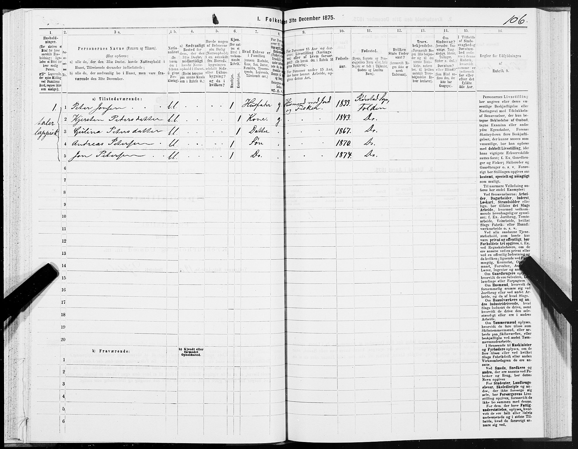 SAT, Folketelling 1875 for 1845P Folda prestegjeld, 1875, s. 1106