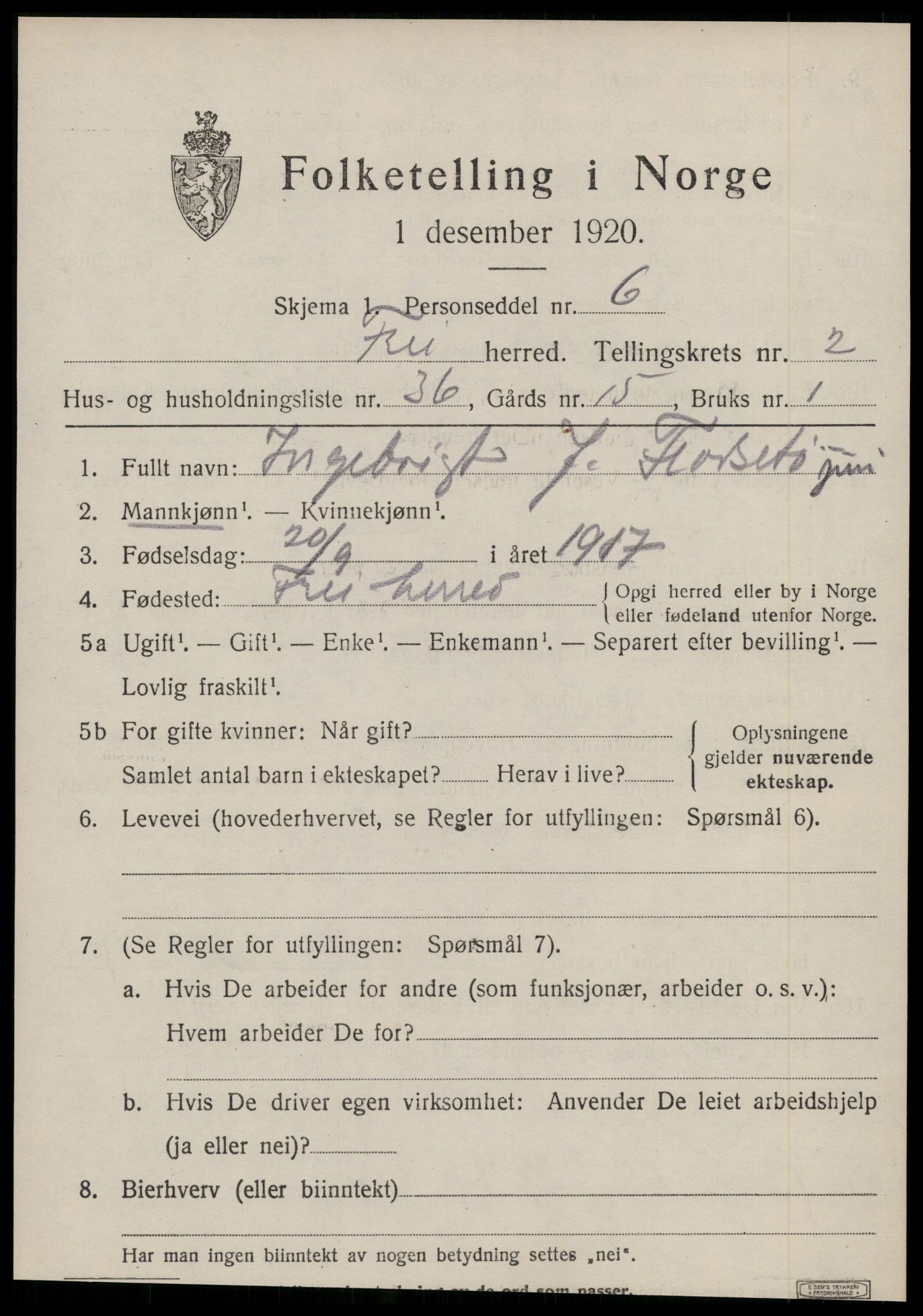SAT, Folketelling 1920 for 1556 Frei herred, 1920, s. 1387
