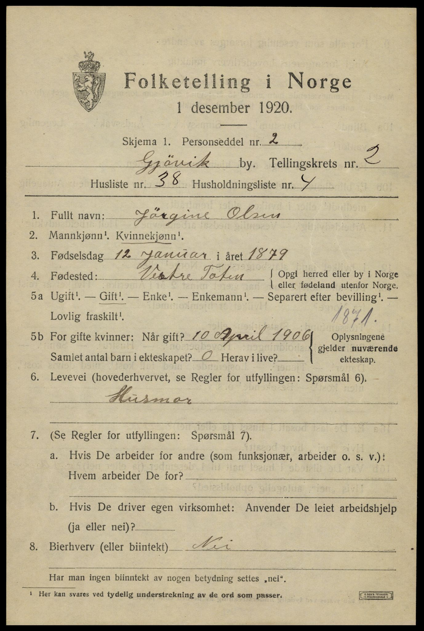 SAH, Folketelling 1920 for 0502 Gjøvik kjøpstad, 1920, s. 5470