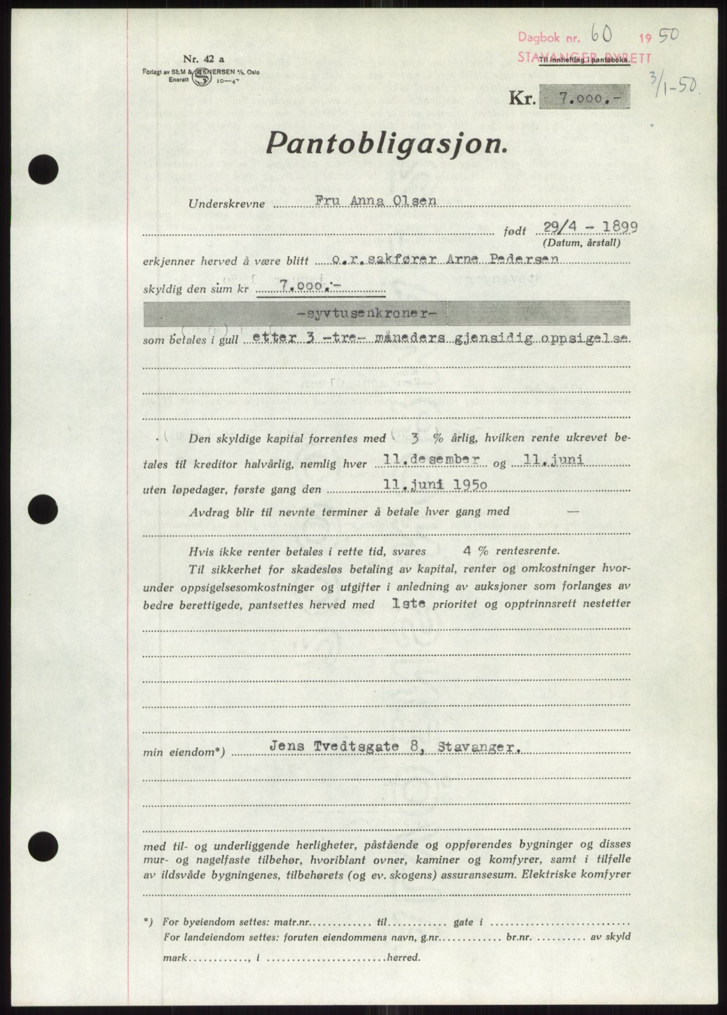 Stavanger byrett, SAST/A-100455/002/G/Gb/L0032: Pantebok, 1947-1950, Dagboknr: 60/1950