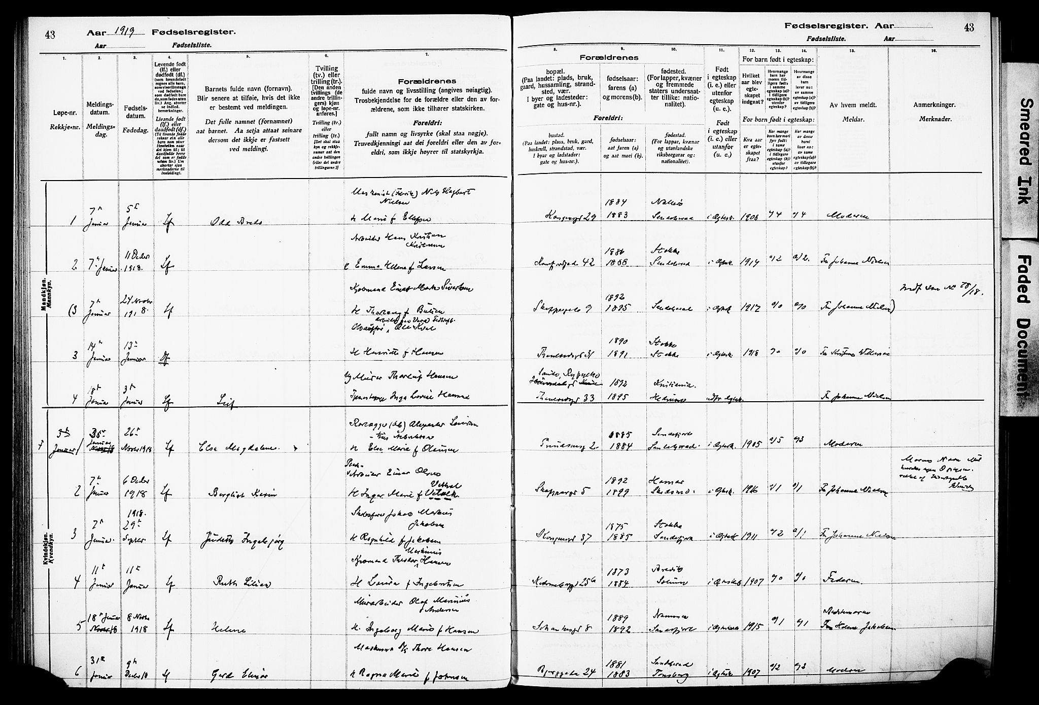 Sandefjord kirkebøker, AV/SAKO-A-315/J/Ja/L0001: Fødselsregister nr. 1, 1916-1932, s. 43