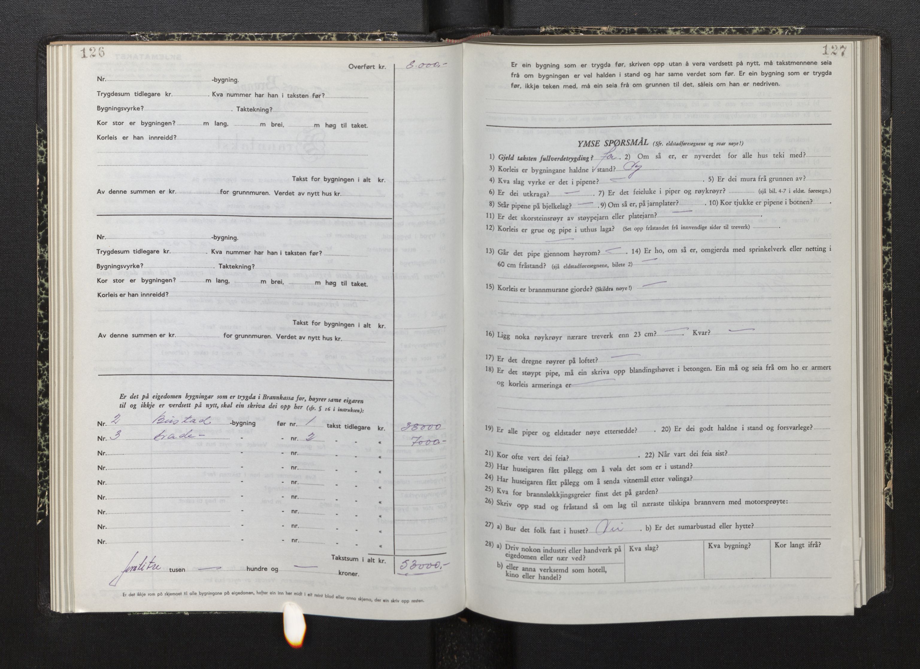 Lensmannen i Bremanger, AV/SAB-A-26701/0012/L0010: Branntakstprotokoll, skjematakst, 1950-1955, s. 126-127