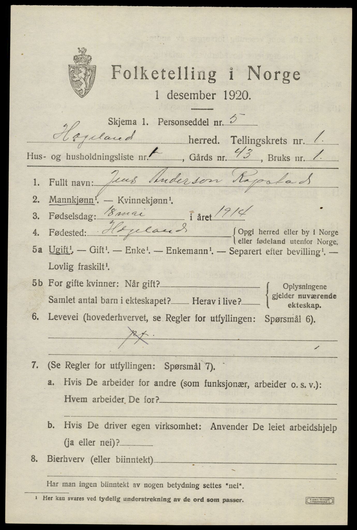 SAK, Folketelling 1920 for 1015 Hægeland herred, 1920, s. 405
