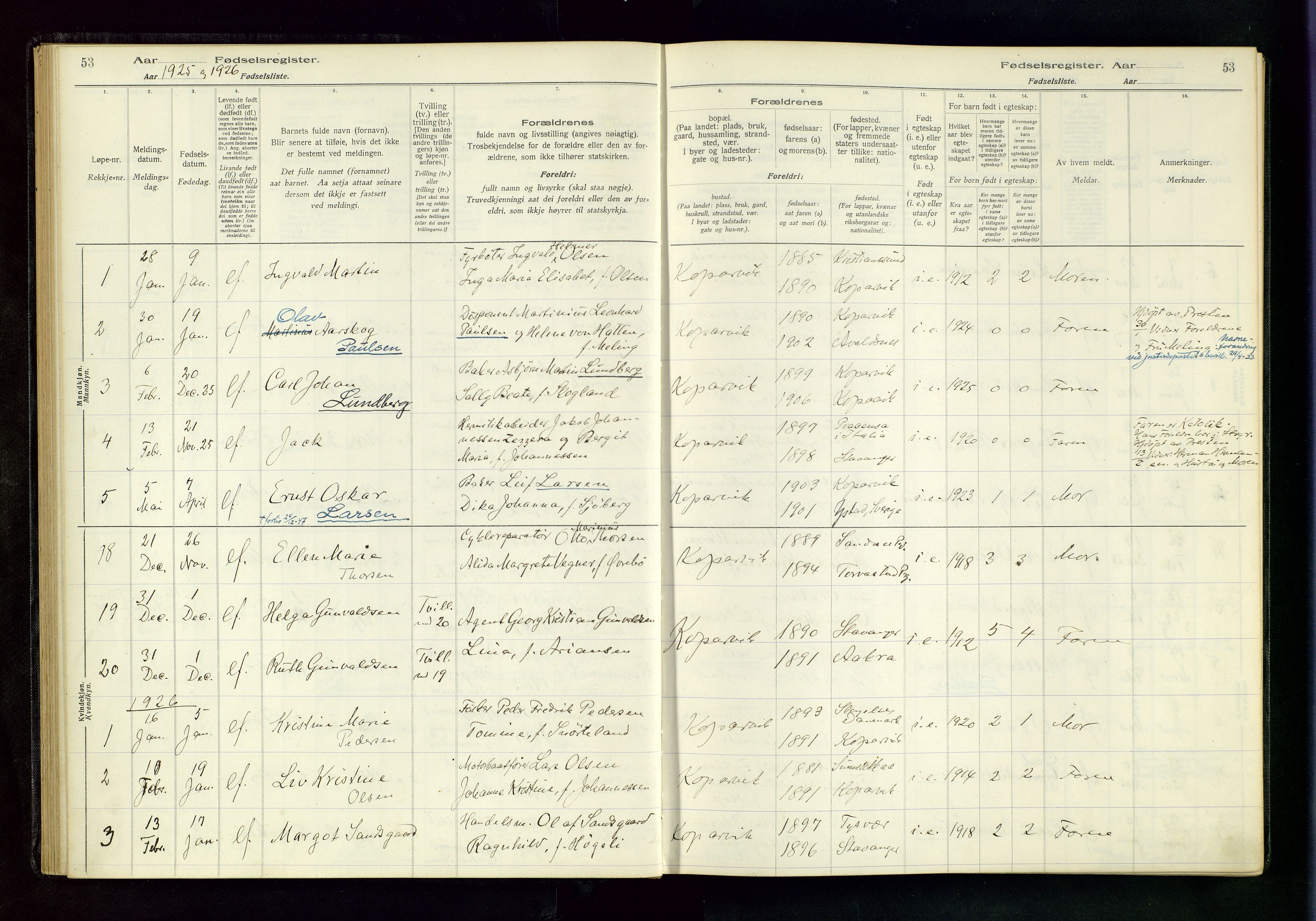 Kopervik sokneprestkontor, SAST/A-101850/I/Id/L0001: Fødselsregister nr. 1, 1916-1952, s. 53