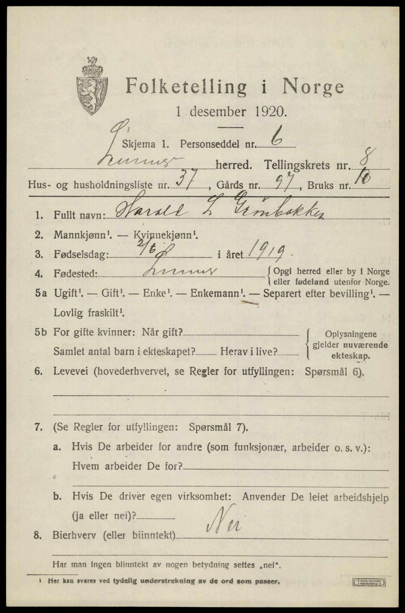 SAH, Folketelling 1920 for 0533 Lunner herred, 1920, s. 9491