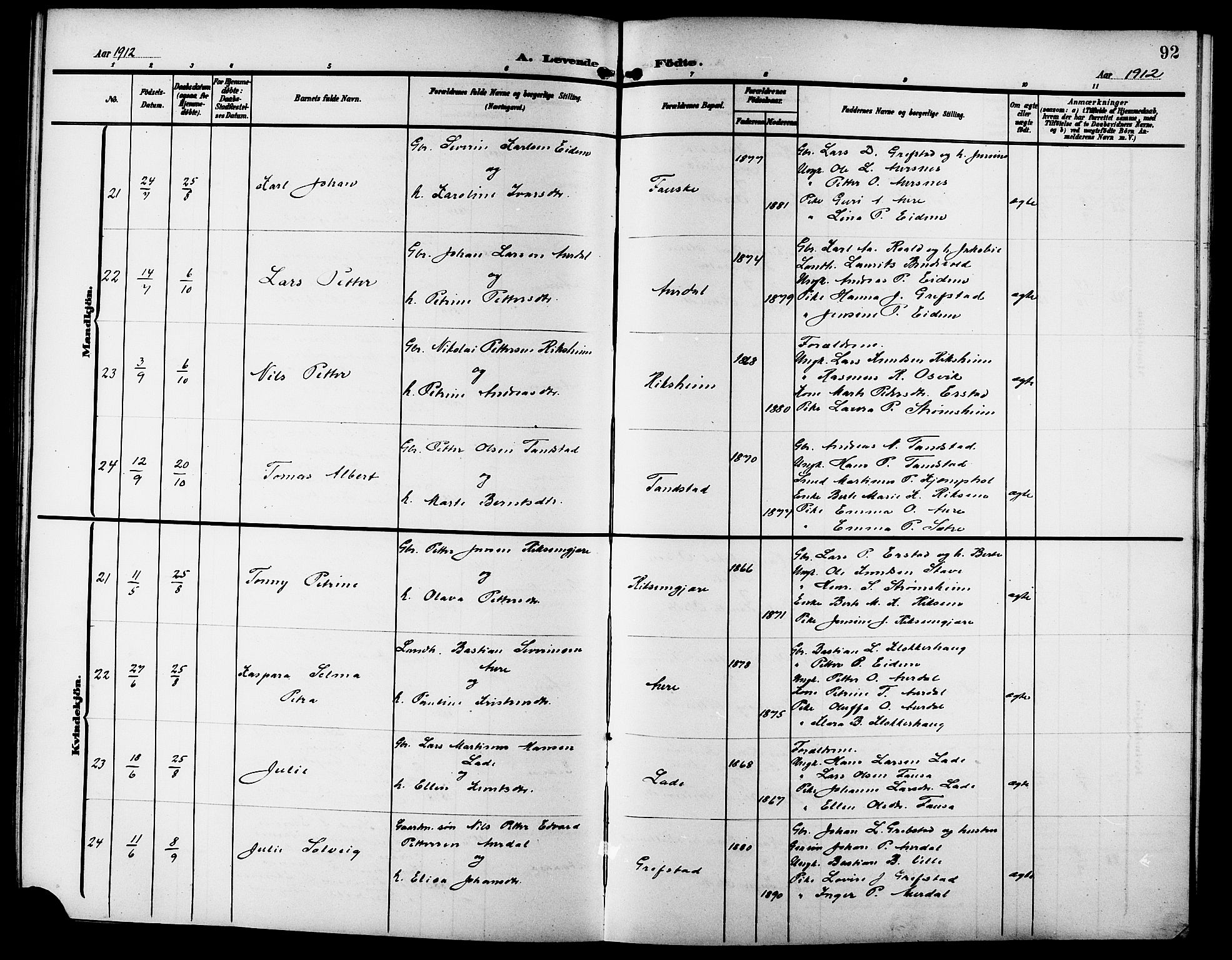 Ministerialprotokoller, klokkerbøker og fødselsregistre - Møre og Romsdal, SAT/A-1454/523/L0341: Klokkerbok nr. 523C04, 1903-1916, s. 92