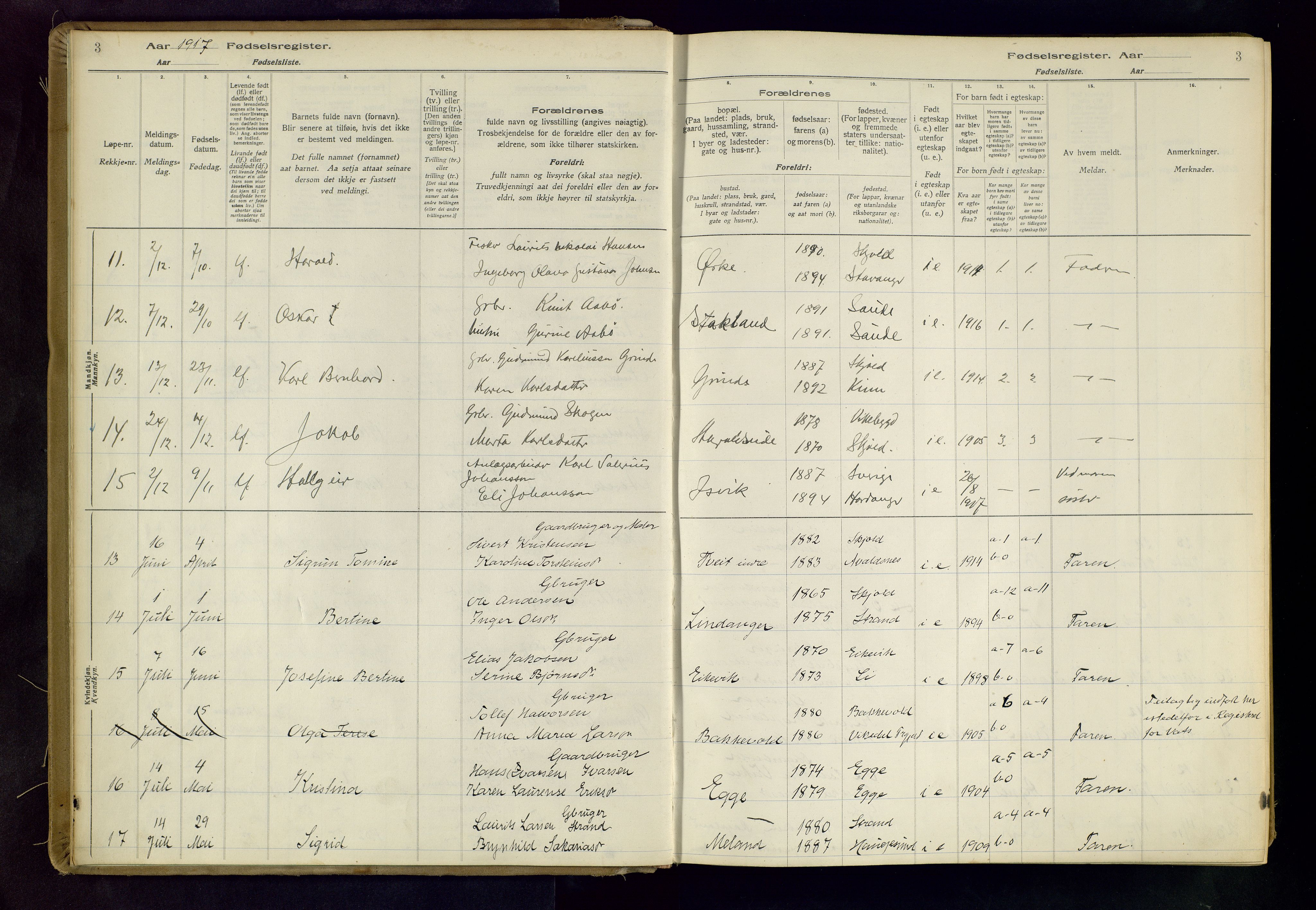 Skjold sokneprestkontor, AV/SAST-A-101847/I/Id/L0001: Fødselsregister nr. 1, 1917-1951, s. 3