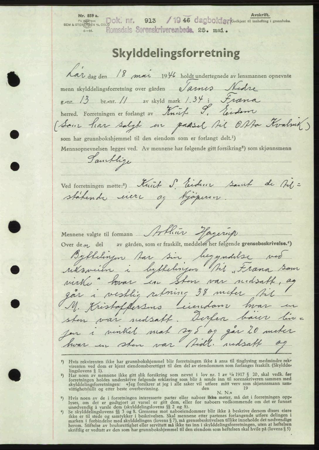 Romsdal sorenskriveri, SAT/A-4149/1/2/2C: Pantebok nr. A19, 1946-1946, Dagboknr: 913/1946