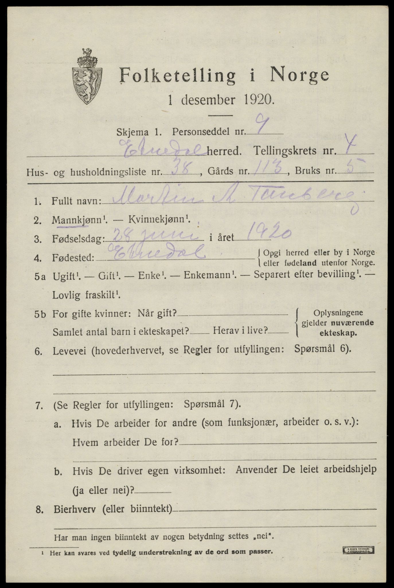 SAH, Folketelling 1920 for 0541 Etnedal herred, 1920, s. 1916